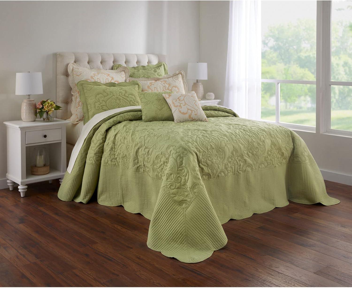 Sage Twin Quilted Damask Polyester Bedspread