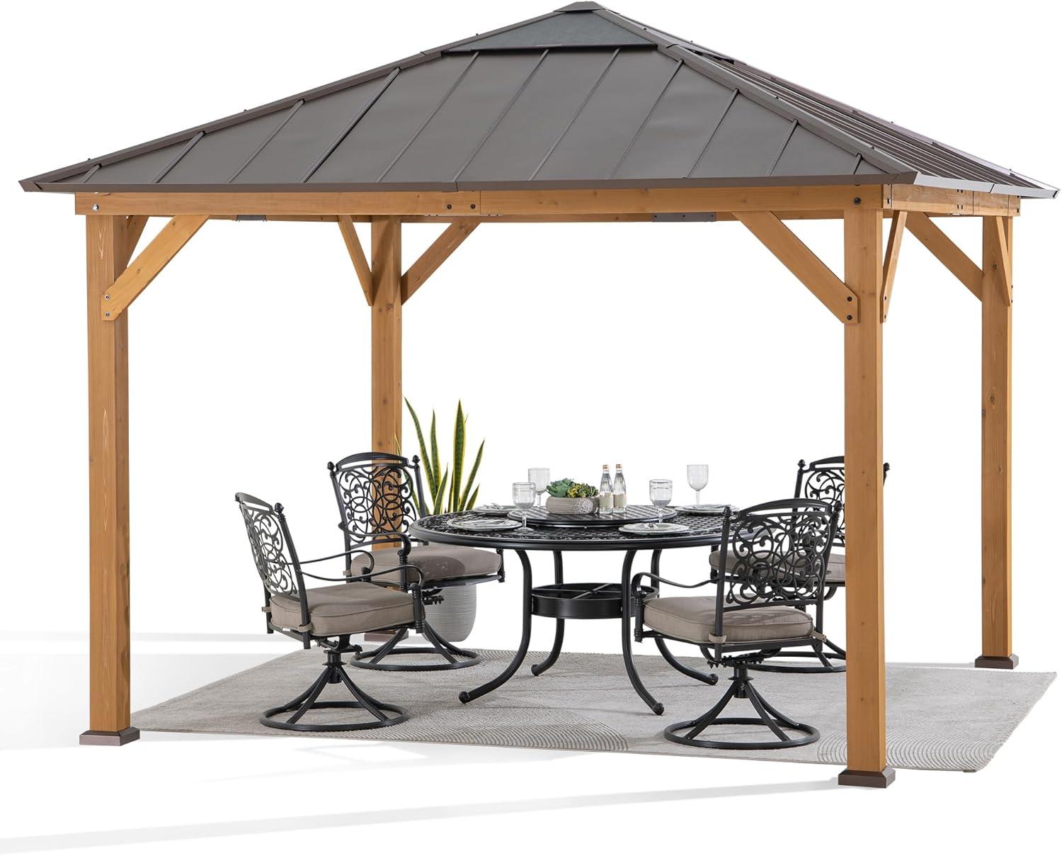 Sunjoy Hardtop Gazebo 11 x 11 ft. Cedar Framed Wood Gazebo with Brown Steel and Polycarbonate Hip Roof Hardtop for Garden, Backyard Shade