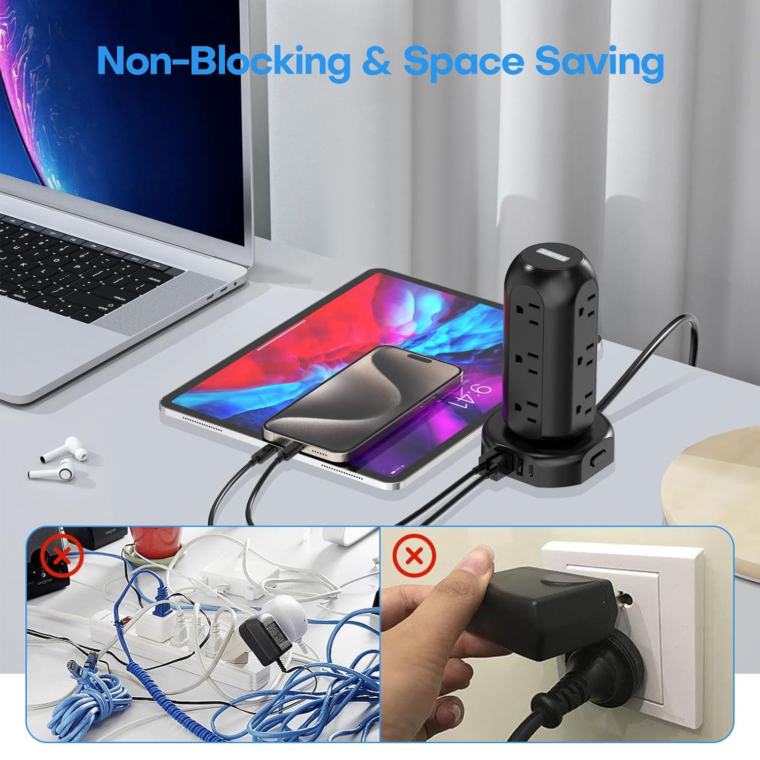 Surge Protector Power Strip Tower, 6.5ft Long Extension Cord with 4 USB (1-USB C) and 12 AC Multiple Outlets for Home Office Dorm Room