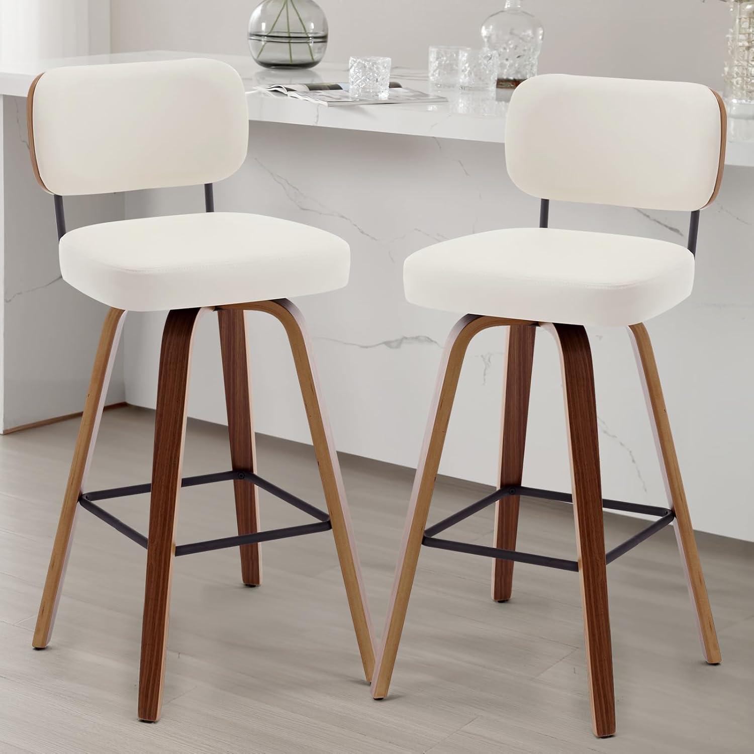 Lucky Monet 26"/29" Swivel Bar Stools/ Counter Stools with Bentwood Legs Set of 2 - Cream White-PU Back - Bar Height