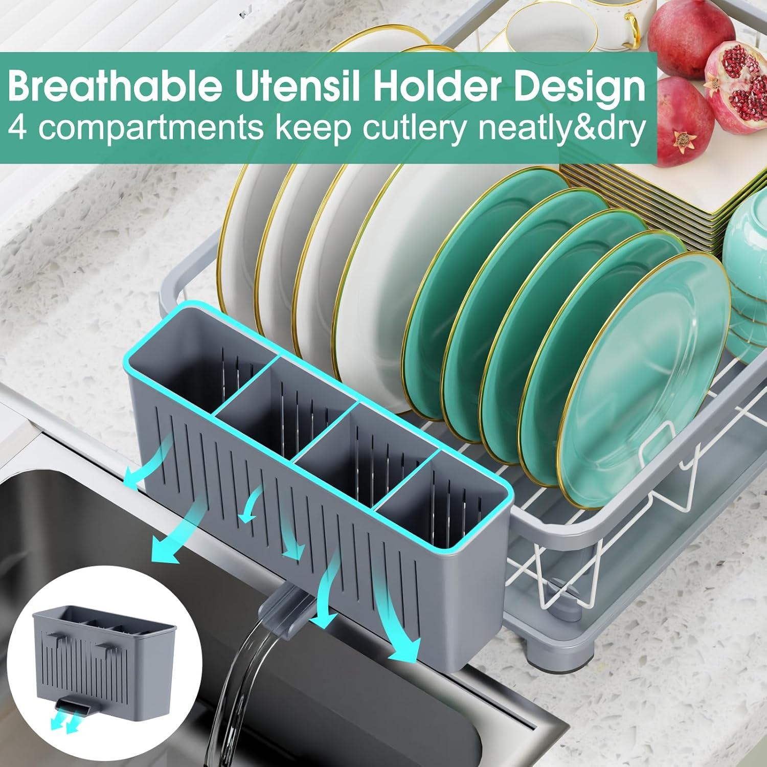 iSPECLE Dish Drying Rack with Drainboard - Compact Dish Racks for Kitchen Counter or in Sink, Small Dish Drainer with Utensil Holder and Drain Spout, Black