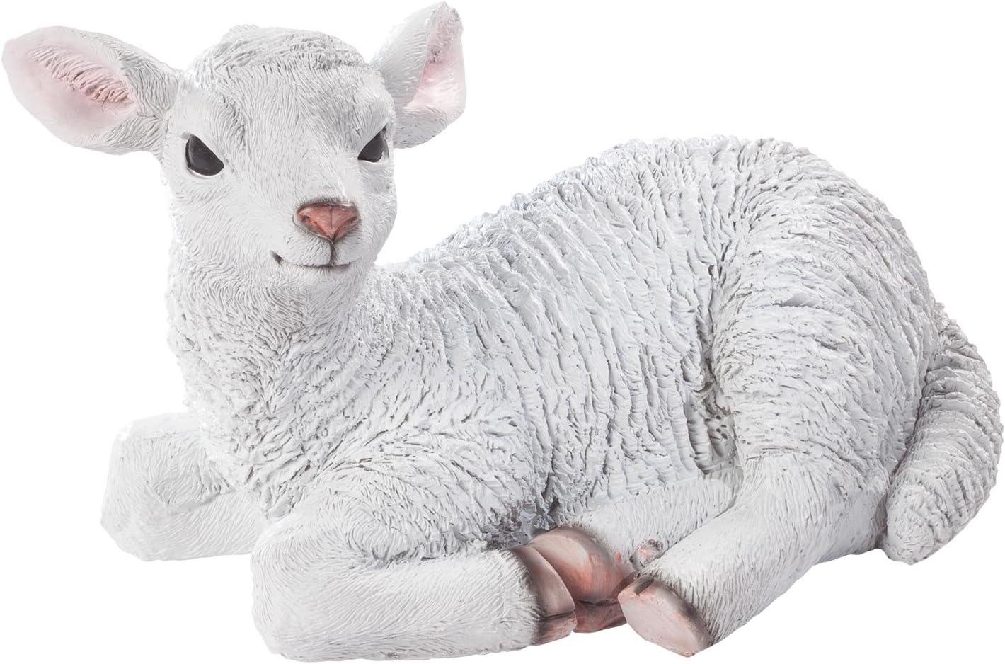 Hand-Painted White Resin Lamb Garden Statue, 12"