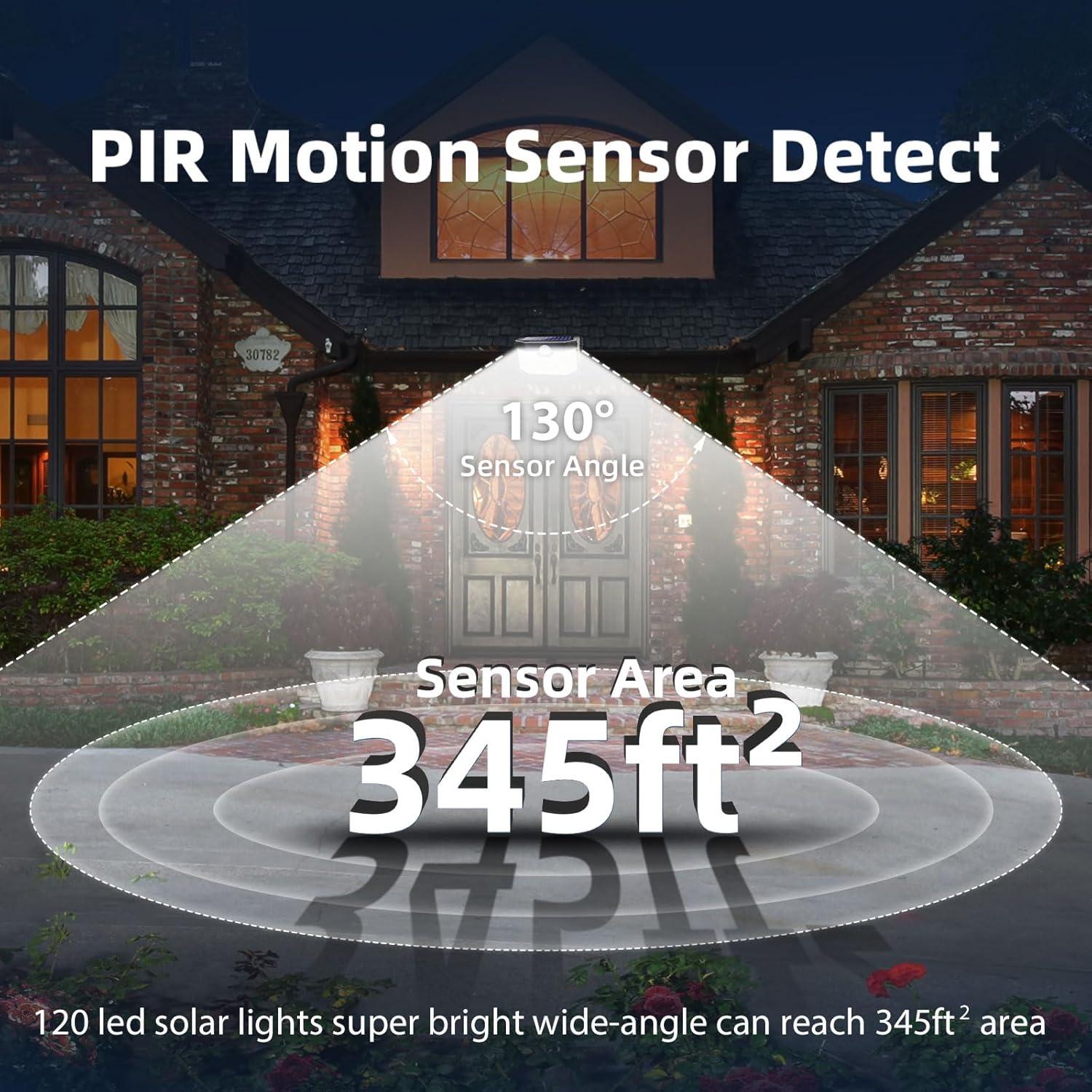 HMCITY Solar Lights Outdoor 120 LED with Lights Reflector and 3 Lighting Modes, Motion Sensor Wall Lights,IP65 Waterproof Solar Powered for Garden Patio Yard (2Pack)