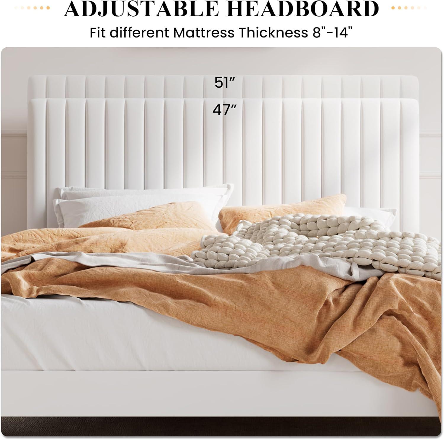SHA CERLIN Full Upholstered Platform Bed Frame with Vertical Channel Tufted Velvet Fabric Adjustable Headboard, Wooden Slats Support, Mattress Foundation, Box Spring Optional, White