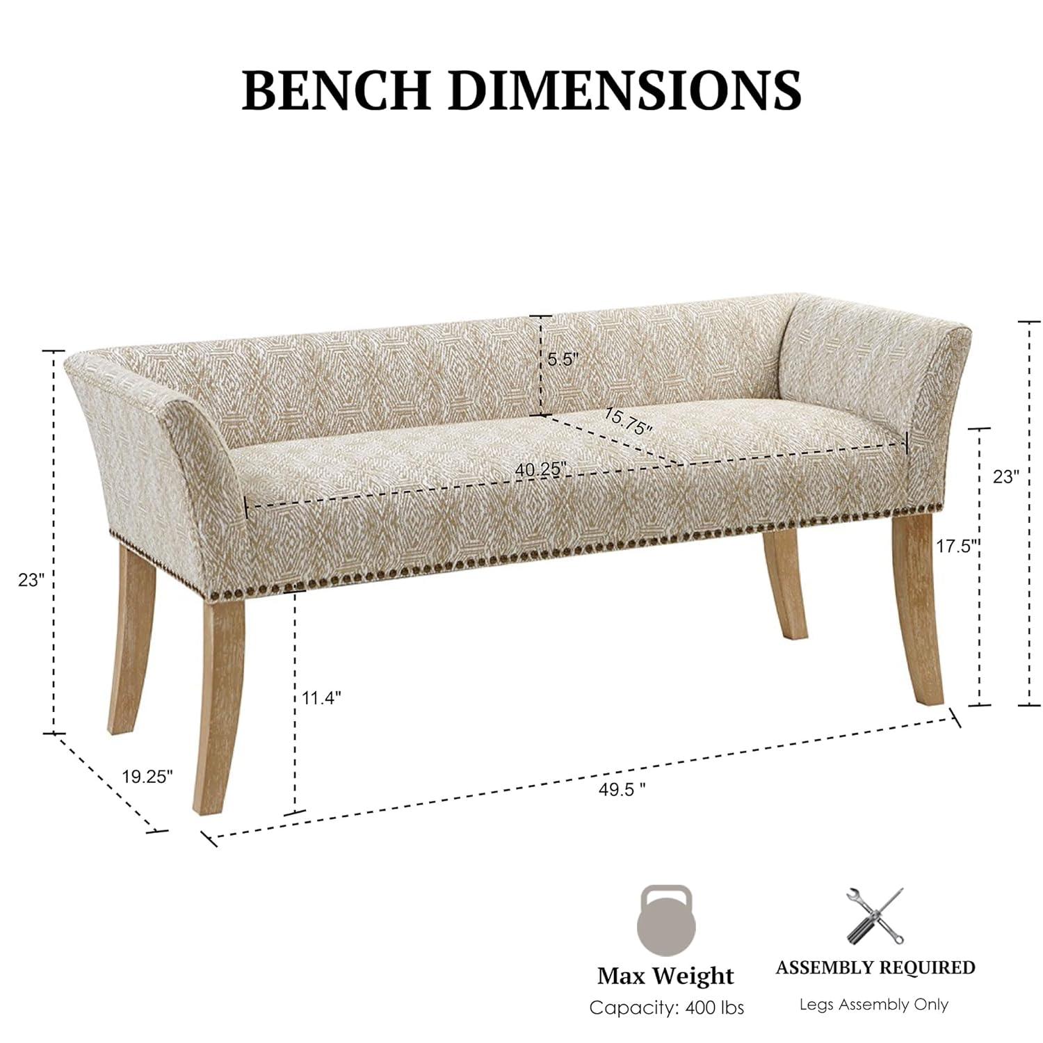 Madera Accent Bench Taupe: Madison Park, Rectangle, Nailhead Trim, Polyester Upholstery, Wood Legs