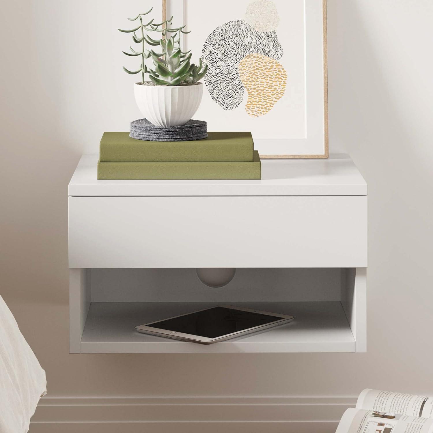 White Floating Wall-Mounted Nightstand with Drawer and Shelf