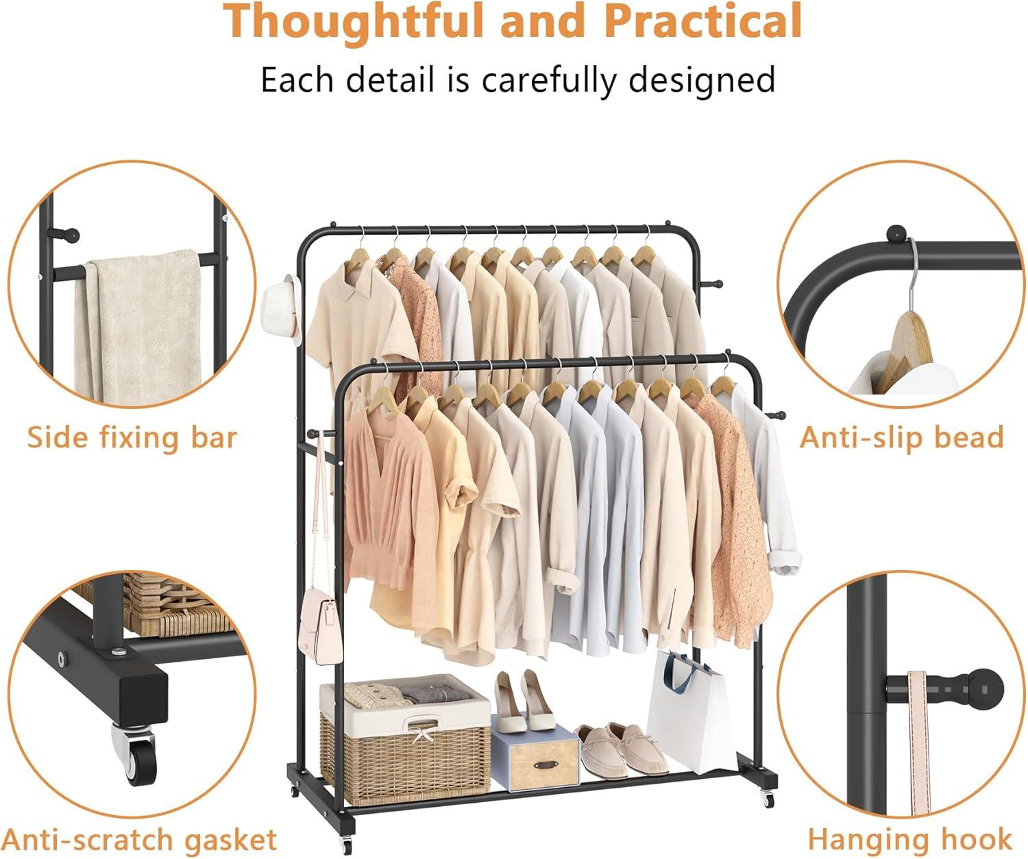 Black Double Rods Garment Rack with Wheels and Hooks