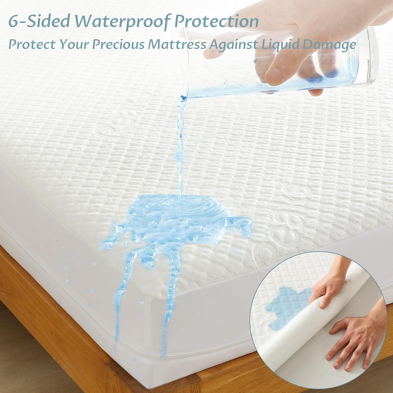 Queen Size Bed Waterproof Bamboo Mattress Protector with Zipper -Cooling Breathable Noiseless Mattress Pad Cover - Top Removable Mattress Encasement 10-12" Deep