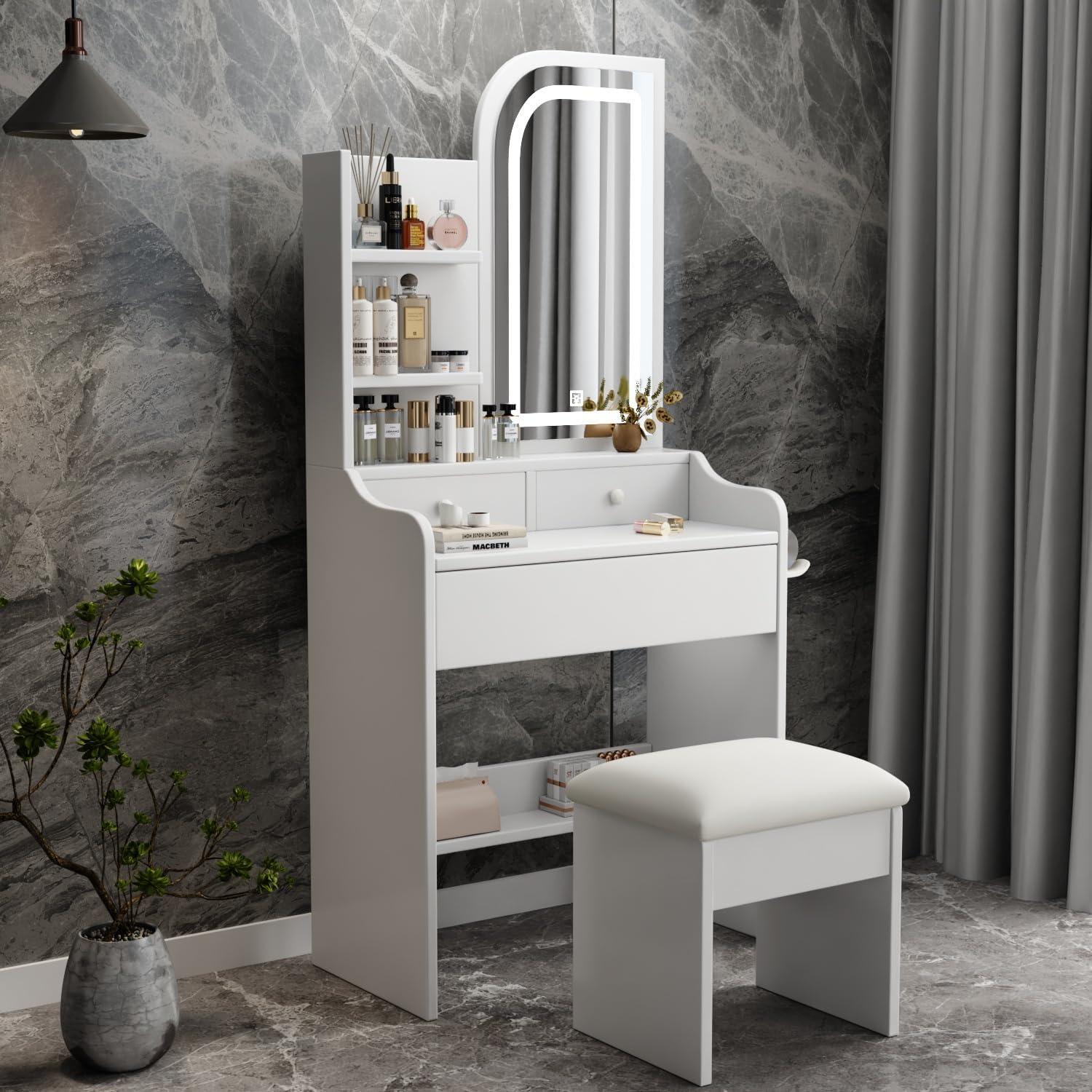 Small Vanity Desk Set with Power Outlet, Mini White Makeup Vanity with Mirror and Lights, Cute Dressing Table with Stool for Small Space