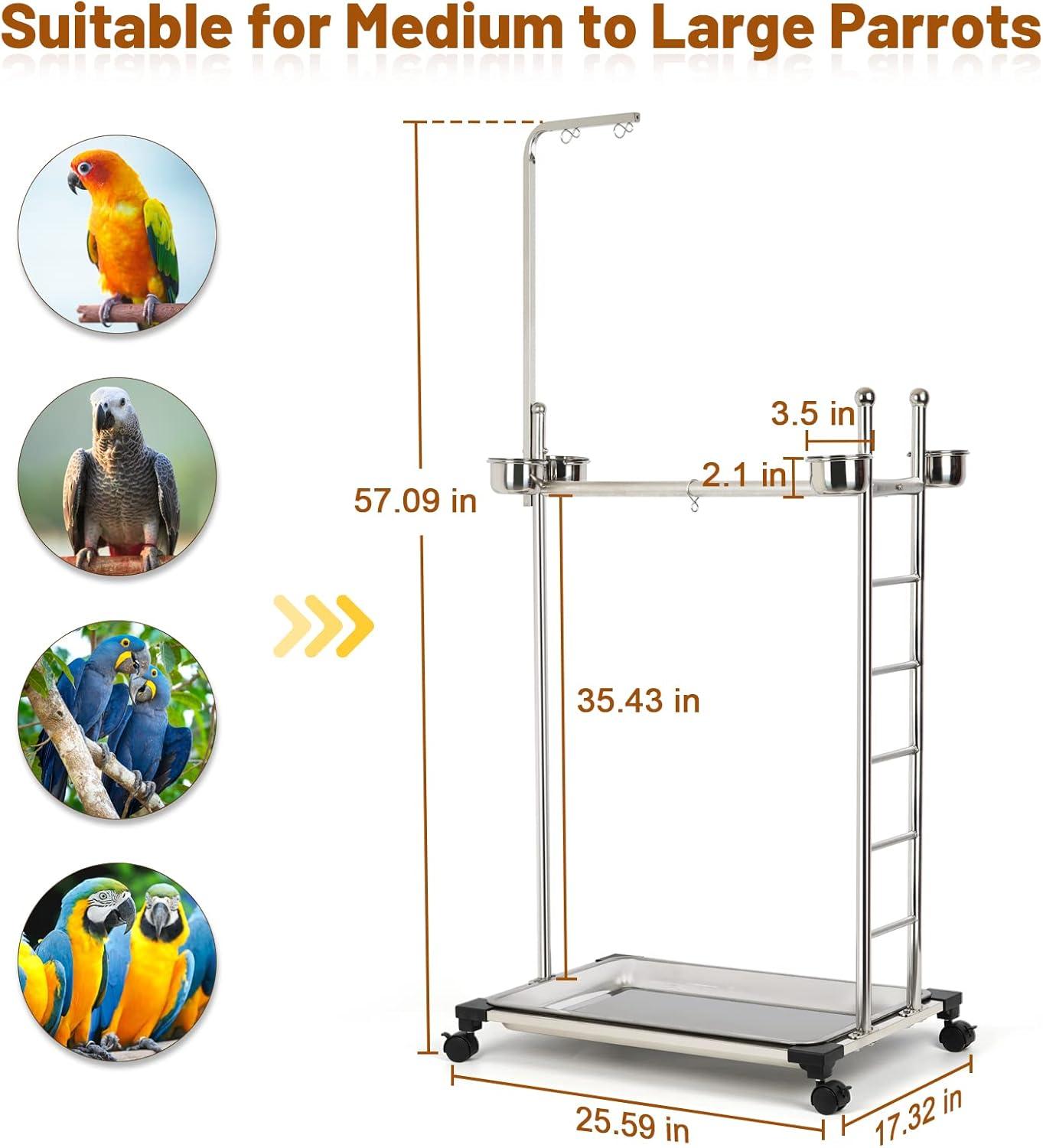 Stainless Steel 57-Inch Parrot Play Stand with Feeding Bowls