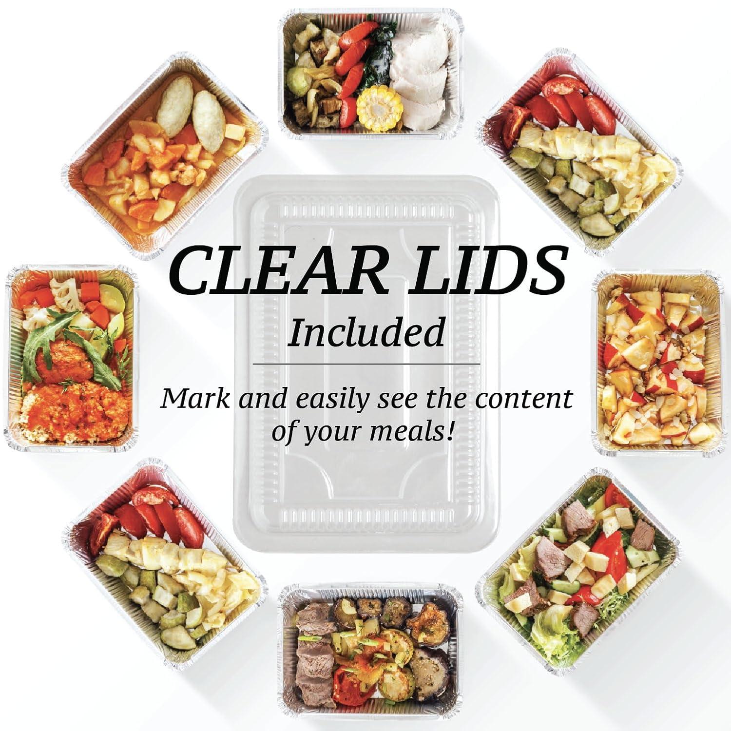55 Pack Disposable Takeout Pans with Clear Lids - Aluminum Foil Freezer Containers - Ideal for Baking, Cooking, and Food Storage - Includes Plastic Lids|The 55-pack Disposable Takeout pans are made of