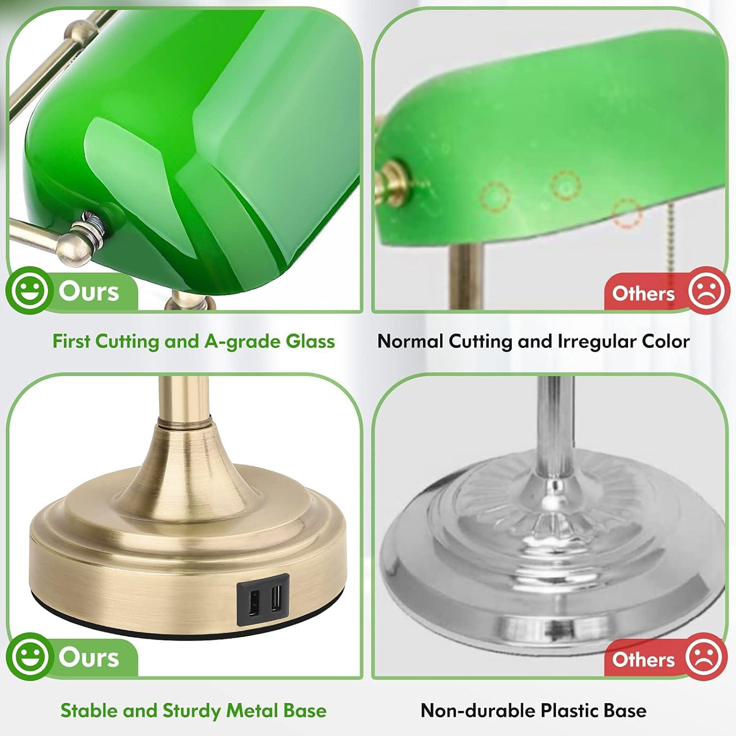 Bankers Lamp with 2 USB Ports, Touch Control Green Glass Desk Lamp with Brass Base, 3-Way Dimmable Vintage Desk Lamp for Home Office Workplace Nightstand Bedroom Library Piano, LED Bulb Included