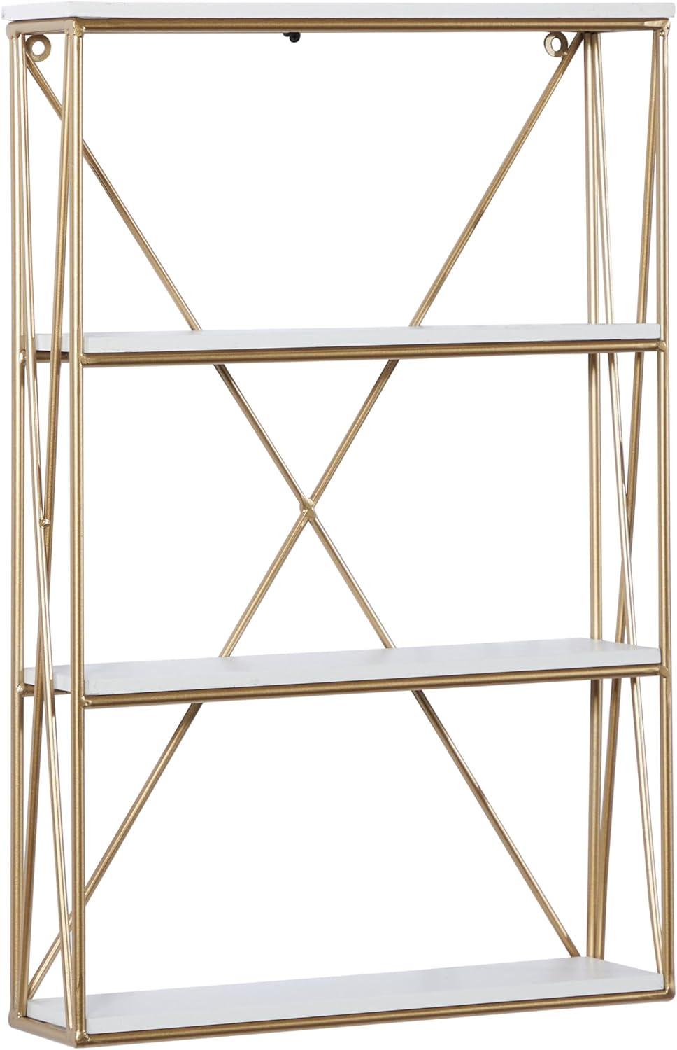 DecMode 16" x 4" 4-Tier Gold Wall Shelf with White Wooden Shelves