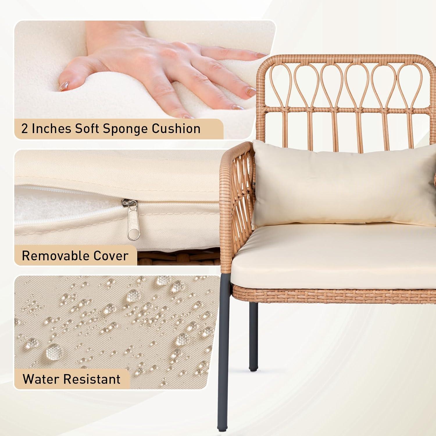 Outdoor Loveseat 2 Pieces Patio Furniture Set, Porch Furniture Wicker Large Loveseats, Patio Conversation Sets with Cushions & Lumbar Pillows and Built-in Table