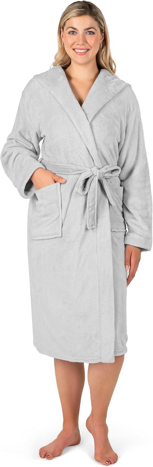 Light Gray Hooded Fleece Long Bathrobe with Belt