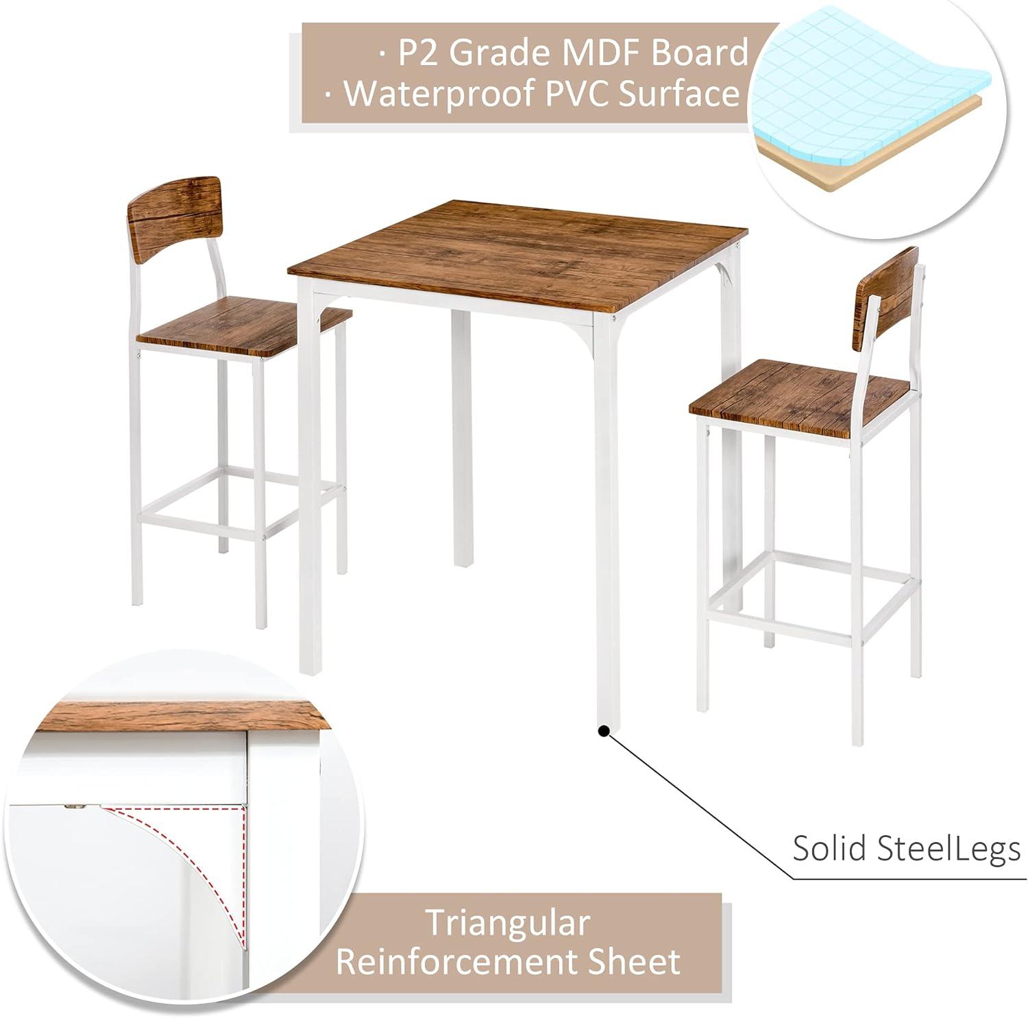 HOMCOM 3 Piece Industrial Counter Height Dining Table Set, Bar Table & Chairs with Steel Legs & Footrests