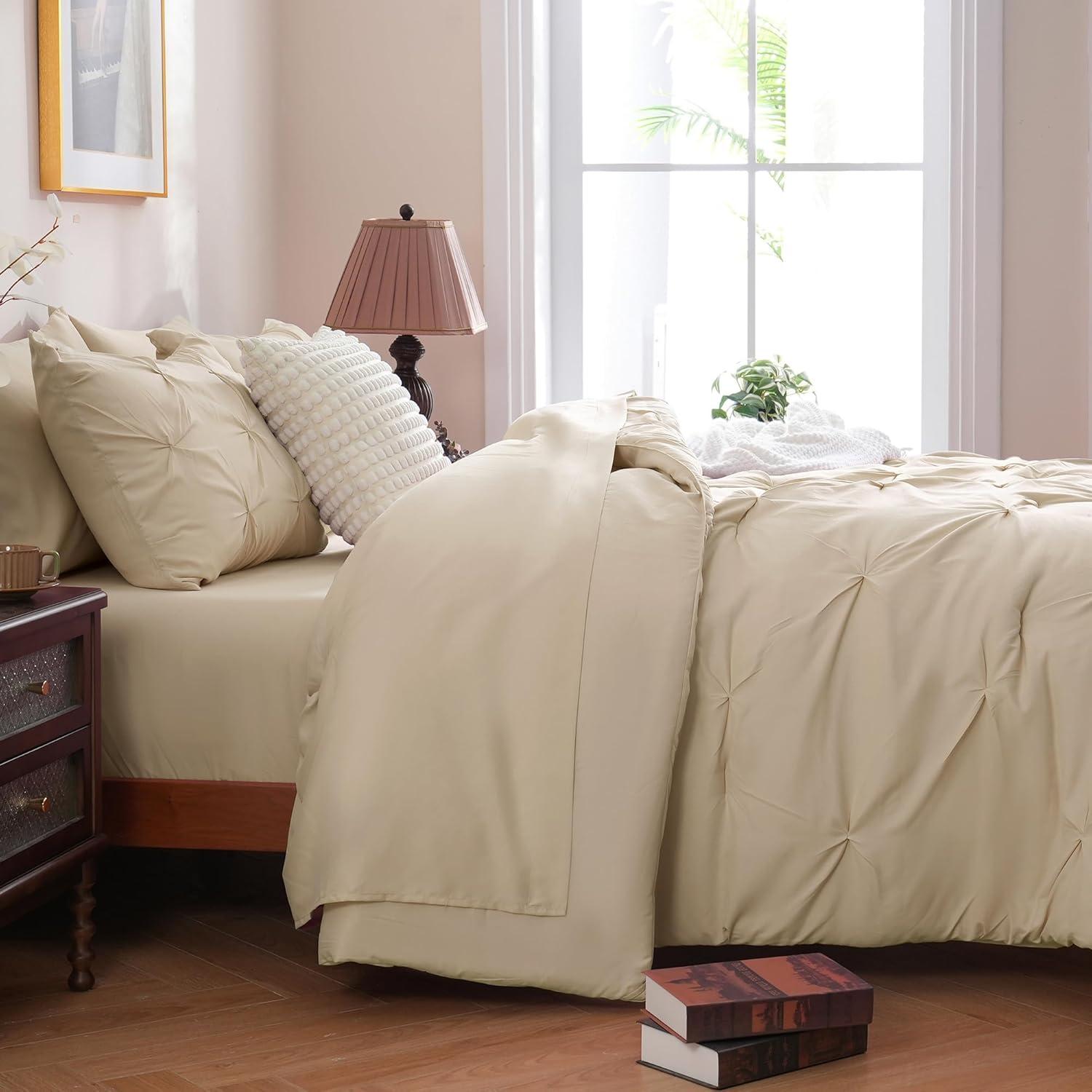 CozyLux Beige Comforter Set Queen 7 Pieces Bed in A Bag Cream Off White Pintuck Comforters Queen Size Pinch Pleat Bedding Sets with All Season Comforter, Flat Sheet, Fitted Sheet and Pillowcases&Shams