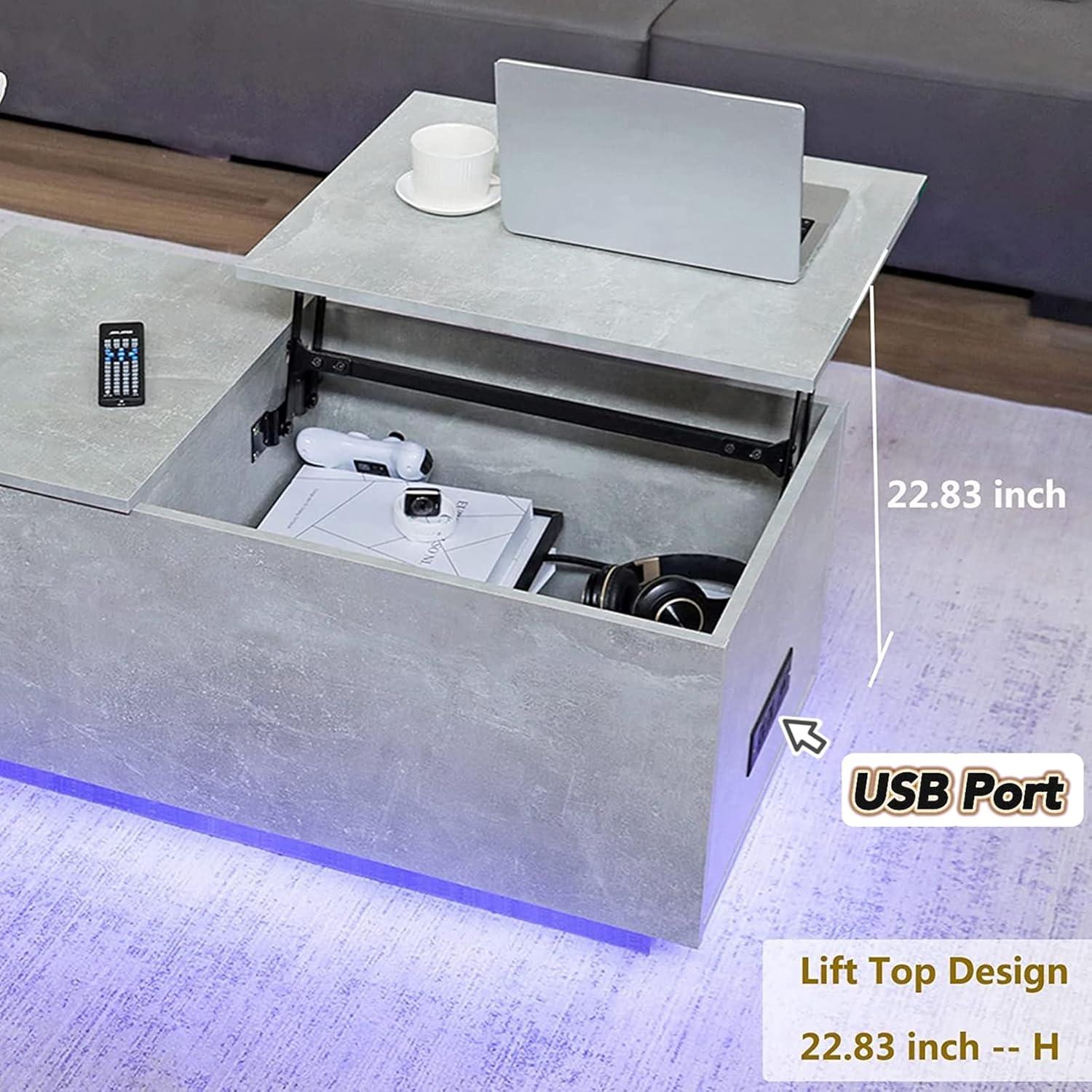 Grey Lift-Top Coffee Table with LED Lights and Storage