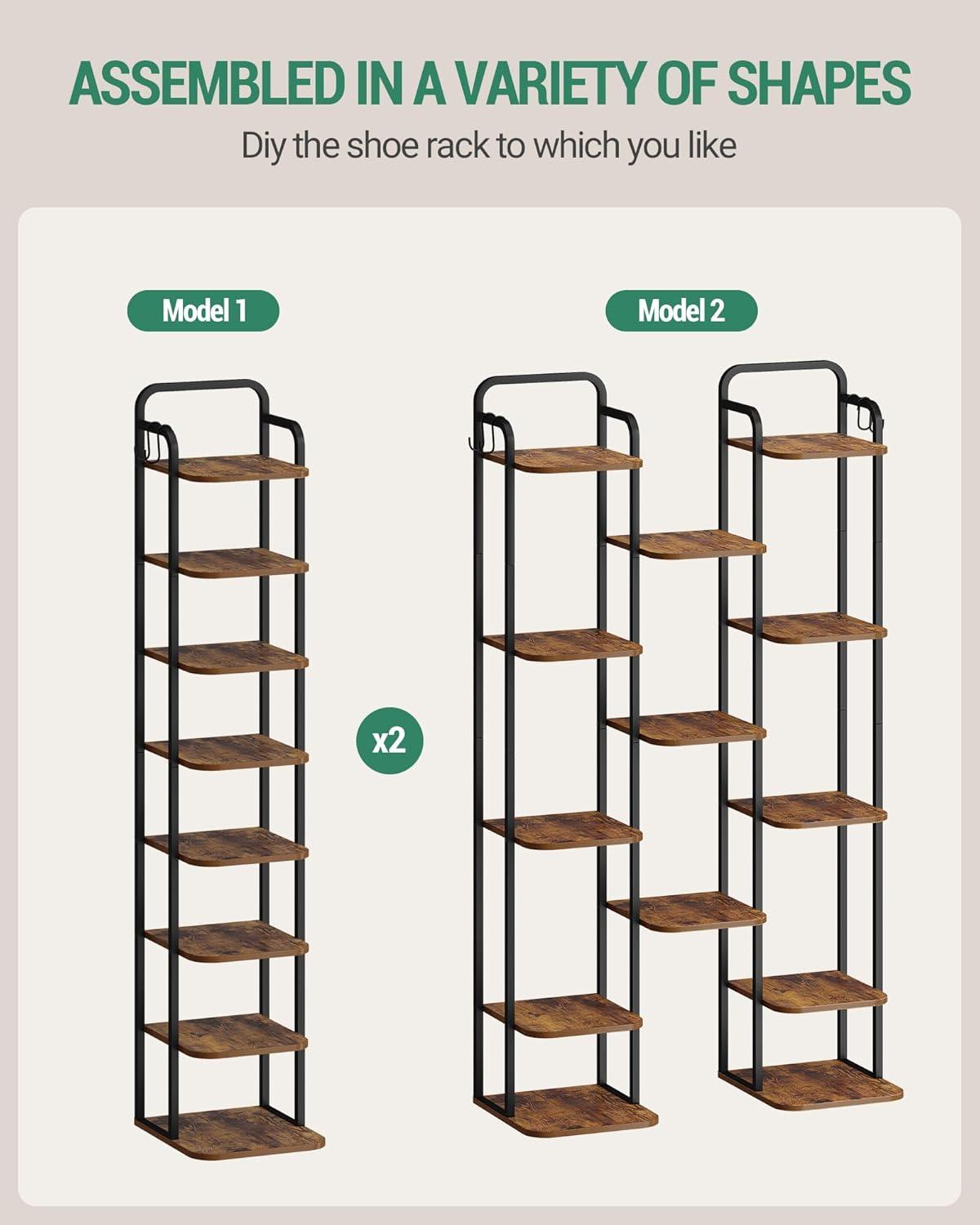 17 Stories Vertical Shoe Rack, Shoe Shelves, Wood Shoe Organizer For Closet, Entryway, Shoe Tower For Small Spaces, Free Standing, Adjustable, With 2 Hooks, 6 Tier Rustic Brown