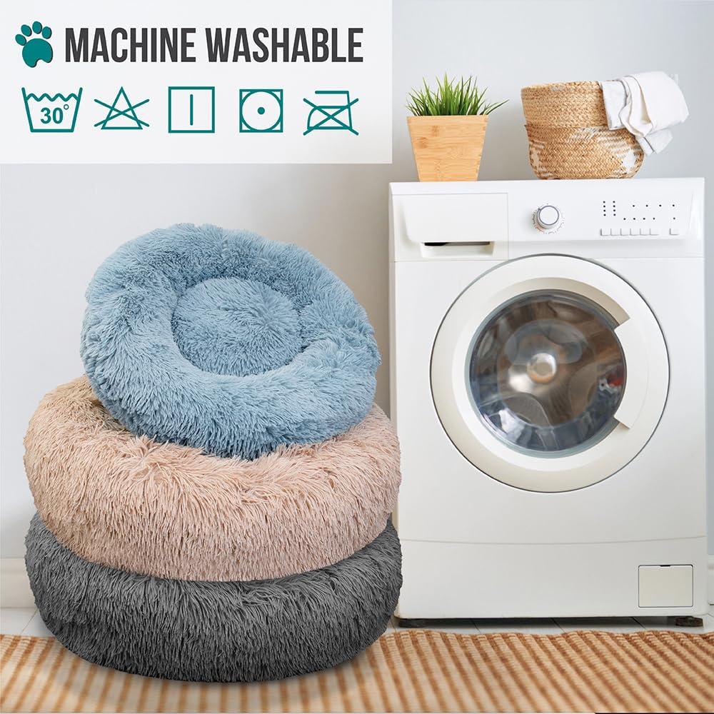 PetAmi Calming Dog Bed for Puppy Cat Kitten, Round Washable Pet Bed, Anti Anxiety Cuddler, Fluffy Plush Circular Donut Bed (Dusty Blue, Small - 23")