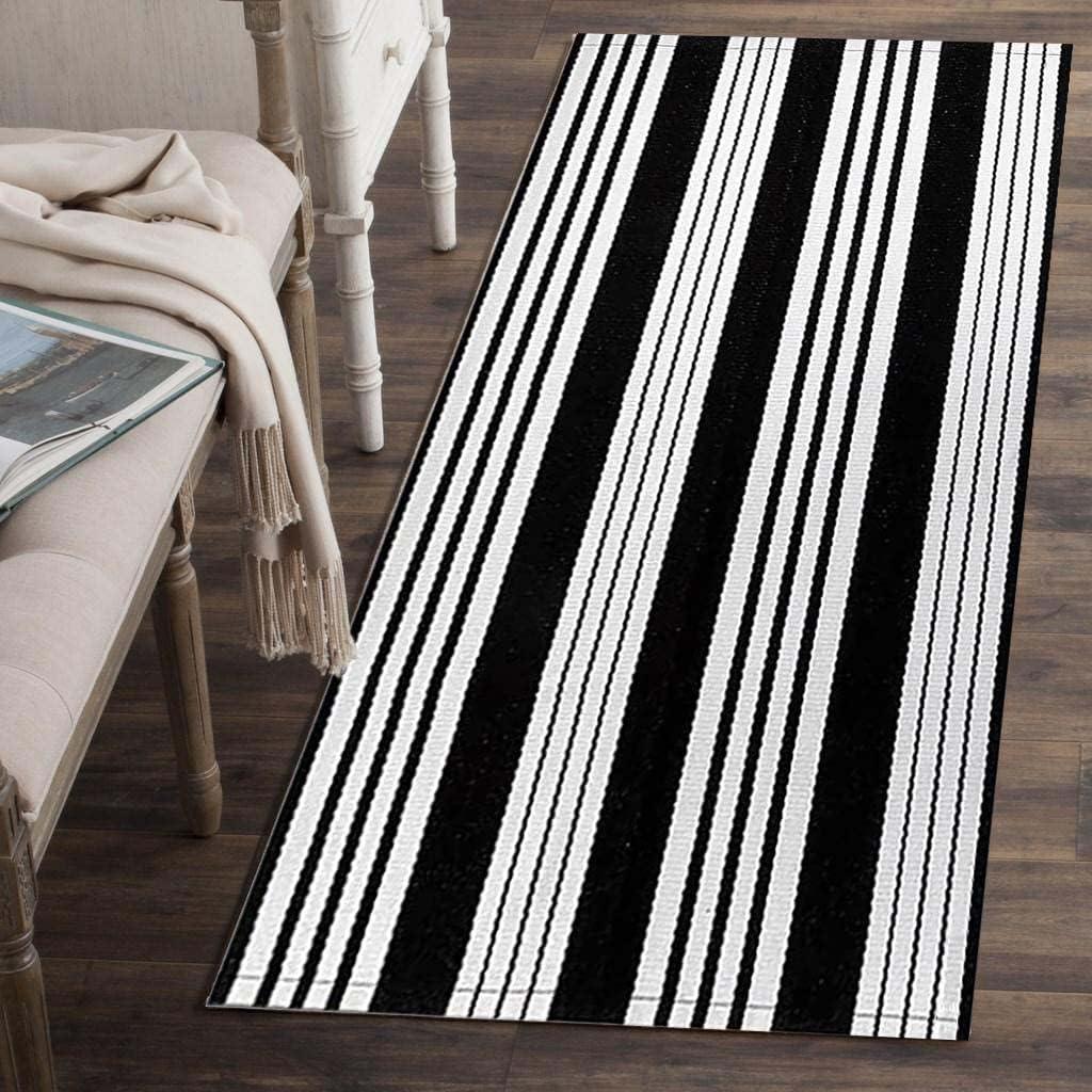 Black and White Striped Hand-Woven Outdoor Rug 24'' x 51''