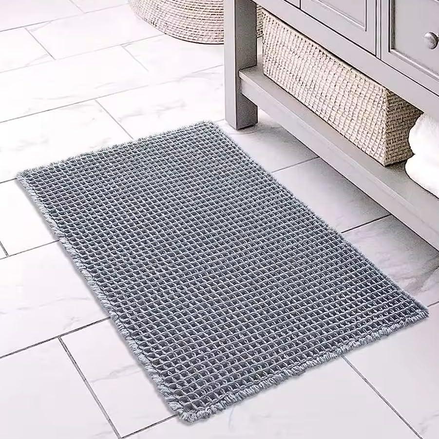 SHIMOH Waffle Bath Mat, Super Absorbent Non-Slip Bath Mats for Bathroom Floor, Machine Washable Bathroom Rugs with Tassels, Rubber Backed Bathroom Mats, Ultra Soft. (Light Gray, 18"X30")