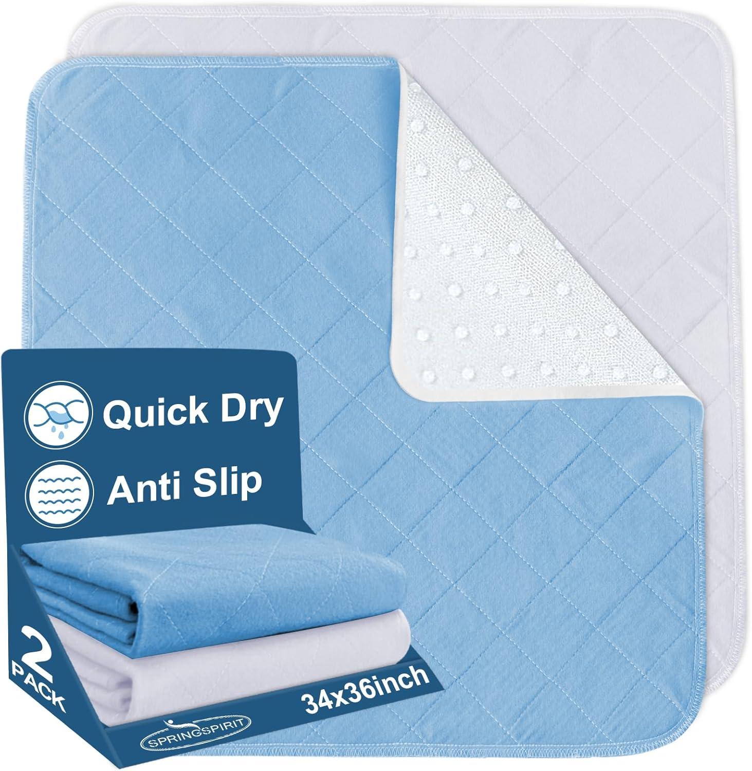 Springspirit Washable and Reusable Anti Slip Incontinence Underpad Sheet Protector for Adults, Elderly, Kids, Toddler and Pets, 2 Pack, 34" x 36", White & Blue