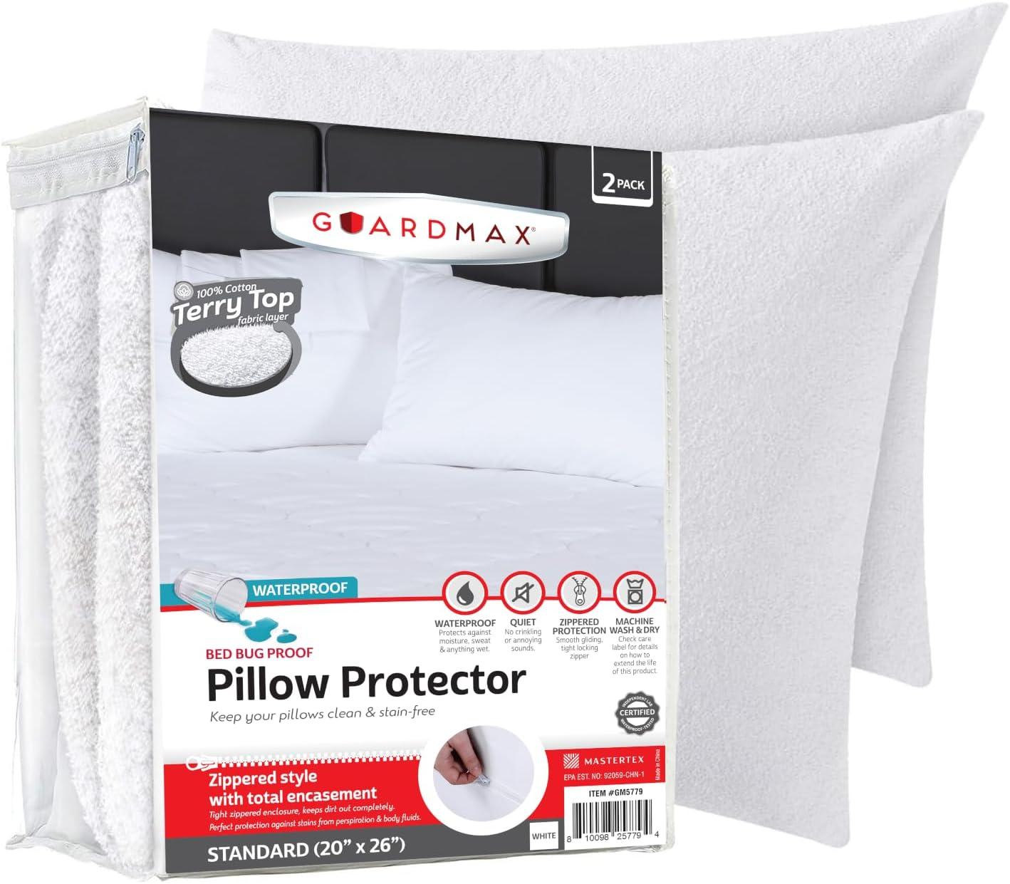 Guardmax - Bed Bug/Waterproof Terry Top Pillow Protector - Zippered - 2/PK - Standard