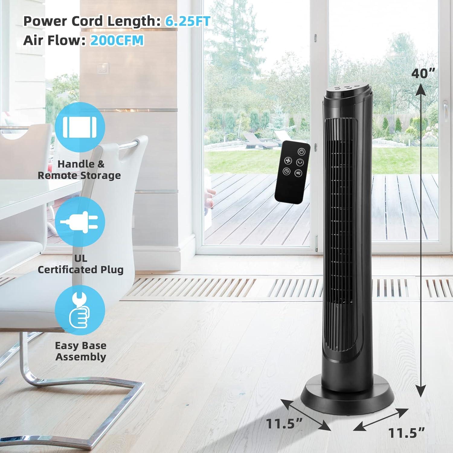 Topcobe 40" Tower Fan with Remote 75˚ Oscillating Fan with 3 Wind Modes and 4 Wind Speeds, Smart Floor Fans for Bedroom, Standing Bladeless Fan, Black