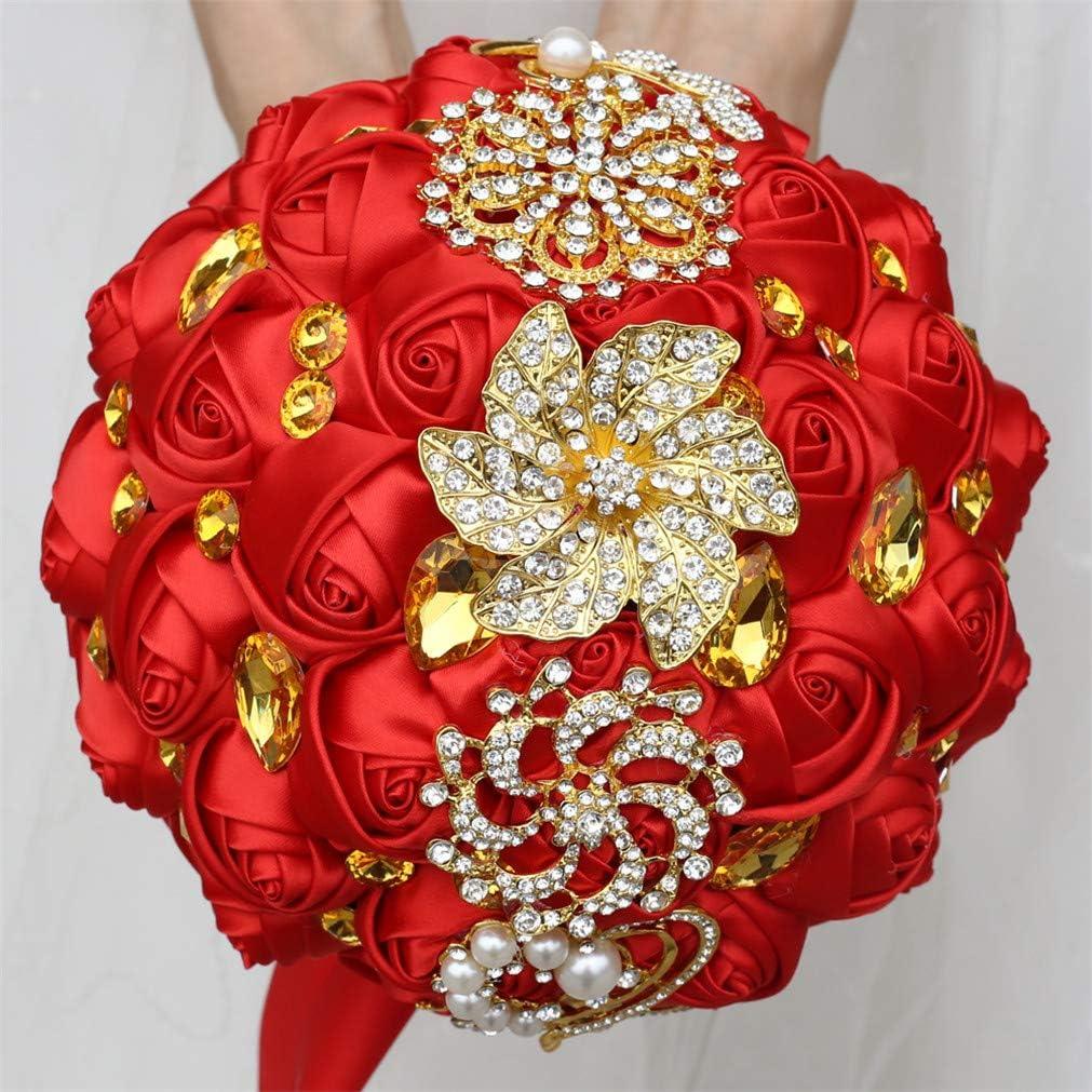 Customization Satin Rose Wedding Bouquet Gold Brooch Crystal Rhinestone Bride Bouquet Wedding Flowers, Burgundy