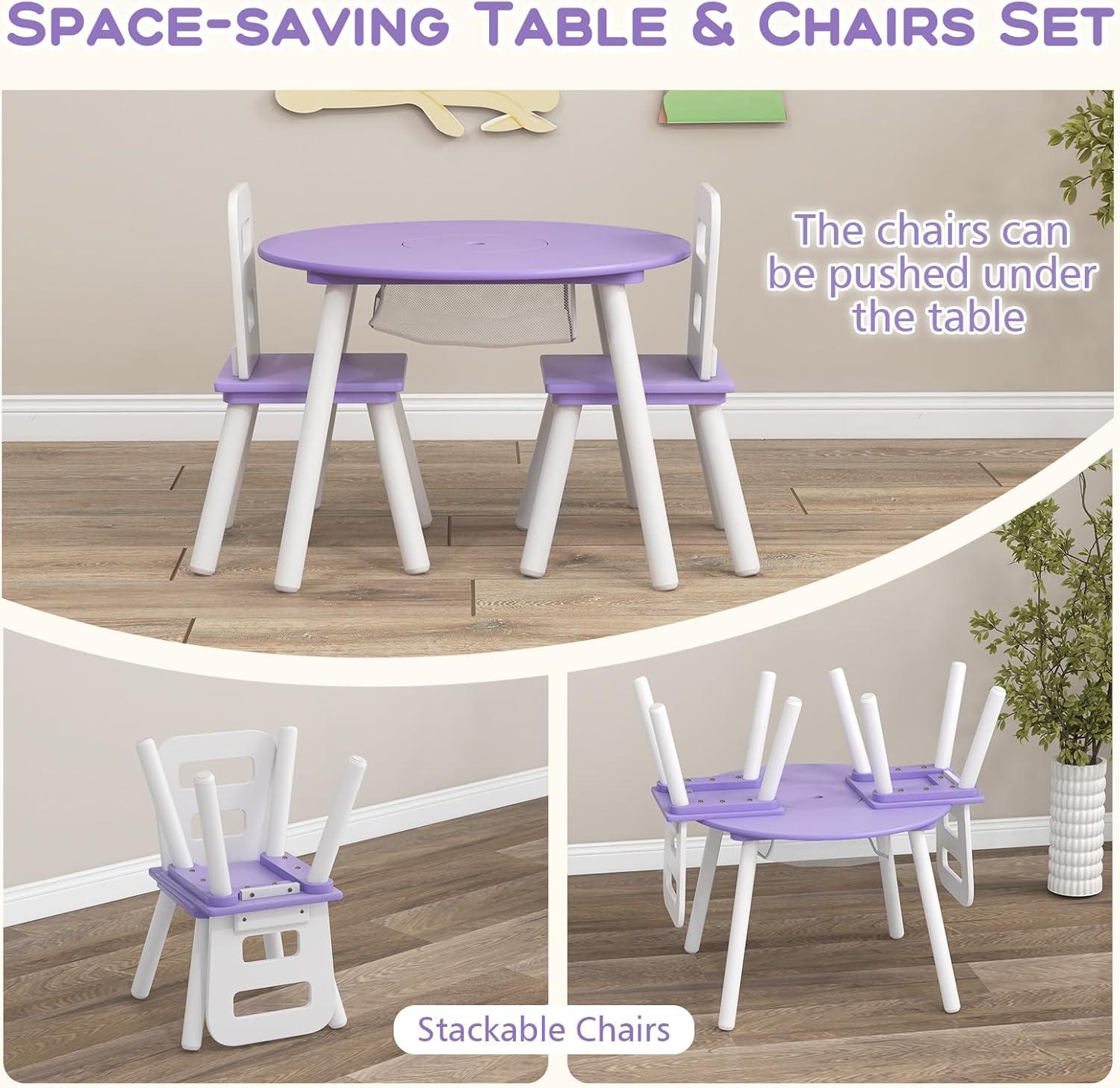 Purple Wooden Kids Table and Chair Set with Storage