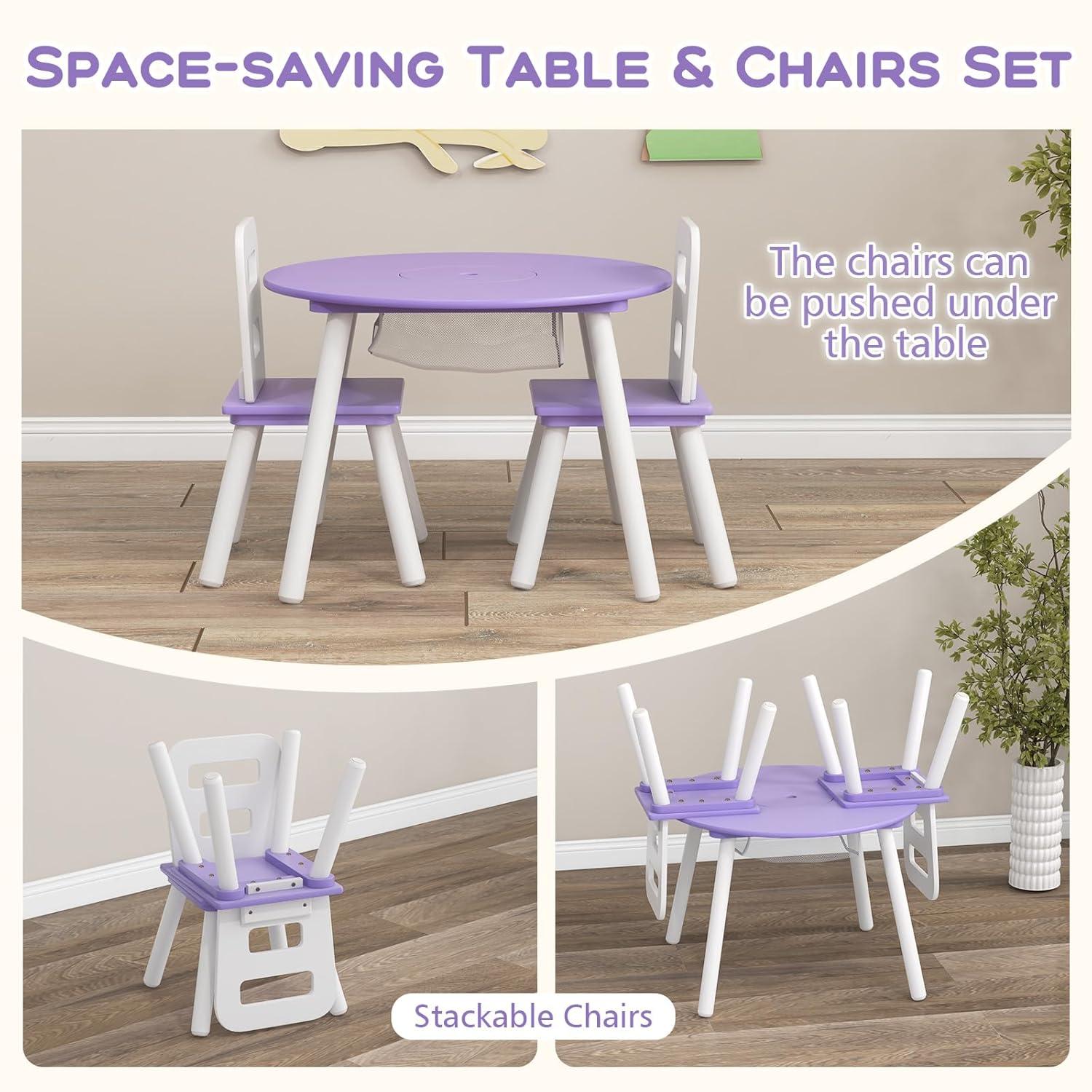 Costzon Kids Table and Chair Set, Wood Activity Table w/Center Mesh Storage, Children Furniture Gift for Boys & Girls, Ideal for Arts, Crafts, Snack Time, Homework, Toddler Table and Chair Set, Purple