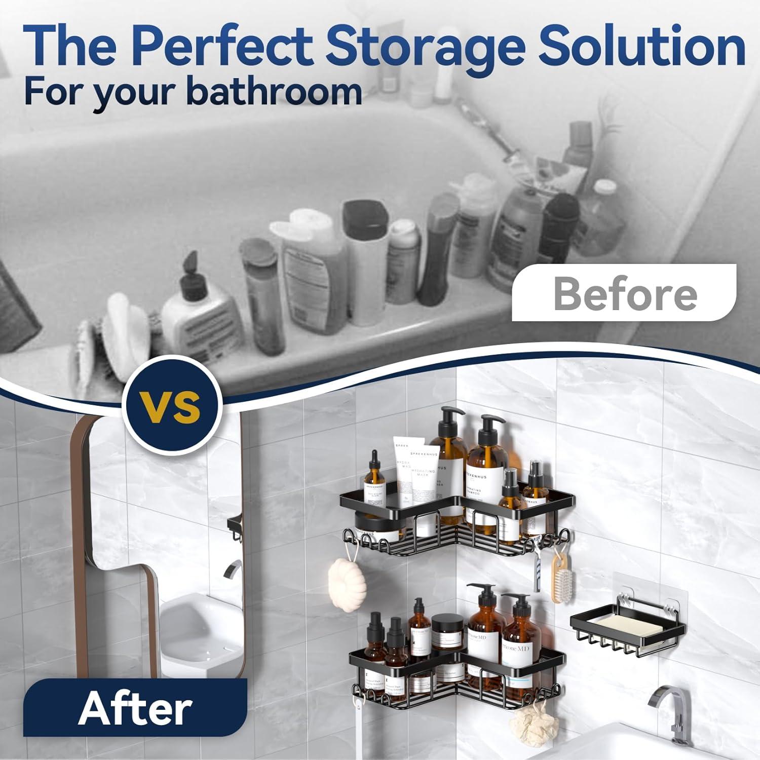 Rebrilliant 3-Pack Corner Adhesive Shower Caddy with Soap Holder & 12 Hooks, Stainless Steel