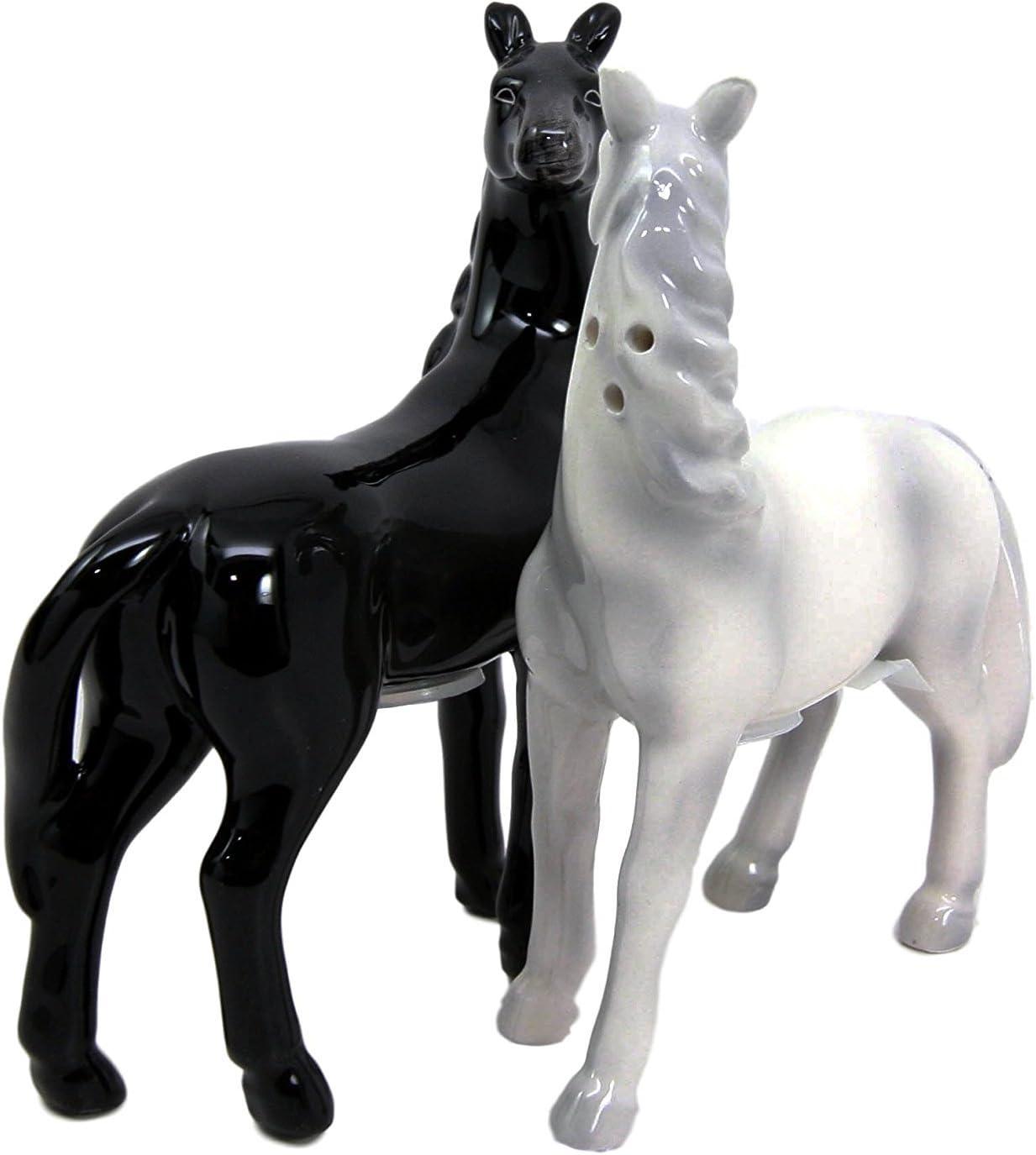 Atlantic Collectibles Romantic Black and White Horses Ceramic Magnetic Salt Pepper Shakers Set Figurines