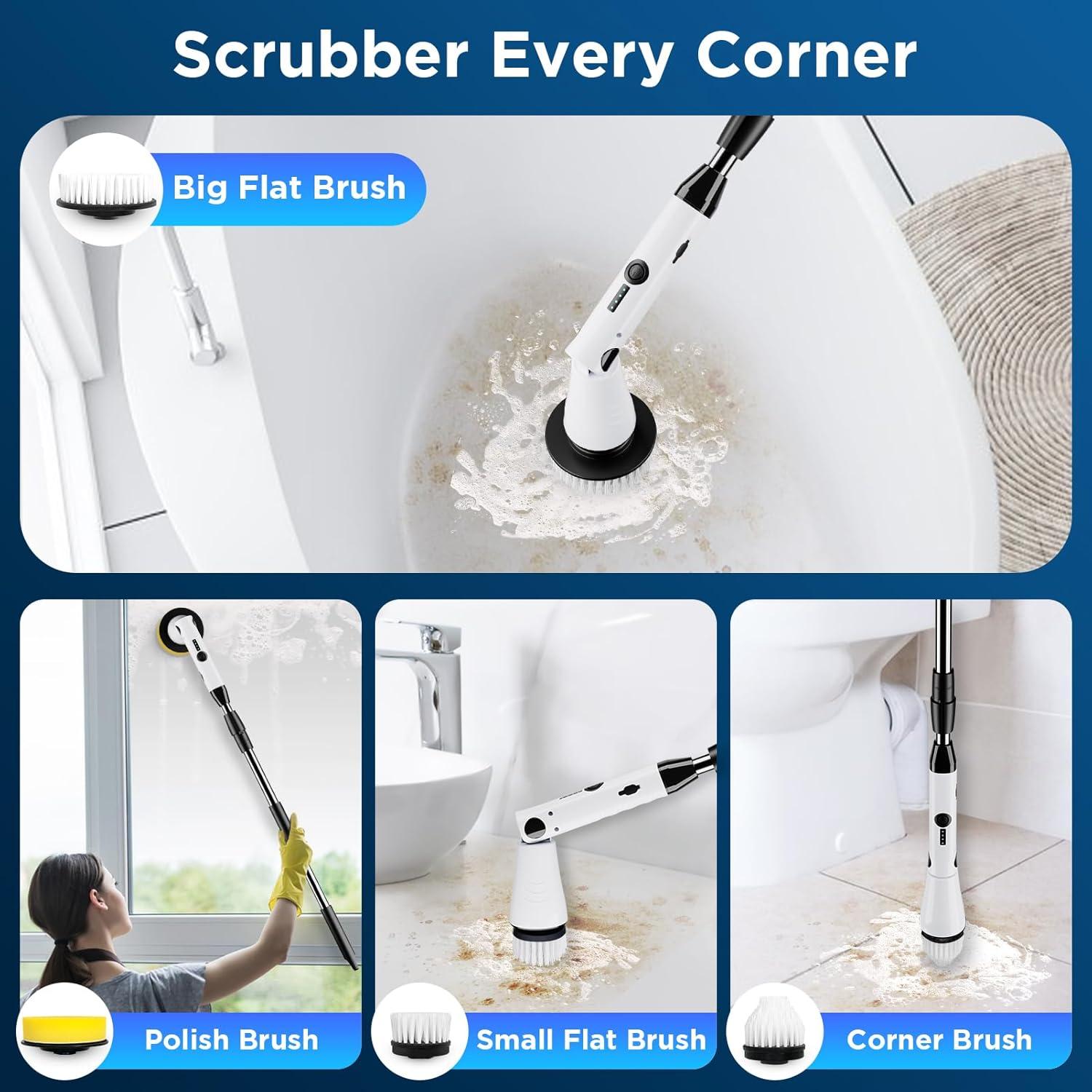 Kibhous Electric Spin Scrubber with 3 Replaceable Brush Heads Adjustable Extension Arm