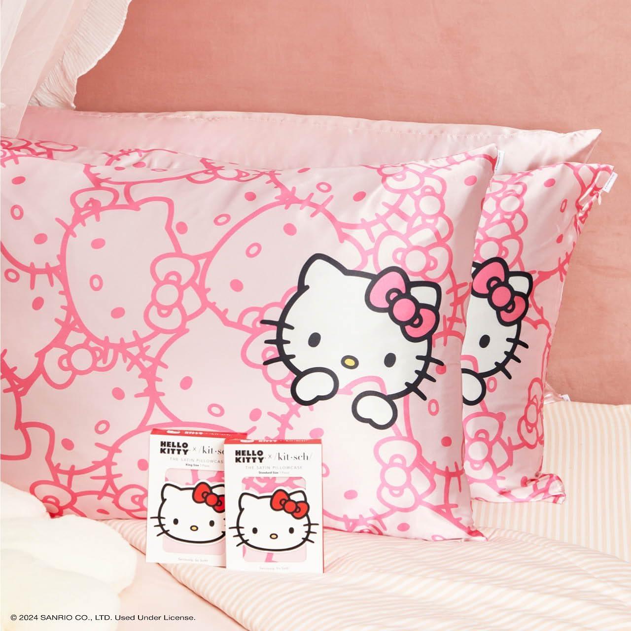 Kitsch x Hello Kitty (Pink Kitty Faces) - Satin Pillowcase with Zipper for Hair and Skin, Softer Than Silk, Smooth Cooling Pillow Covers, Machine Washable, King Size (19x36)