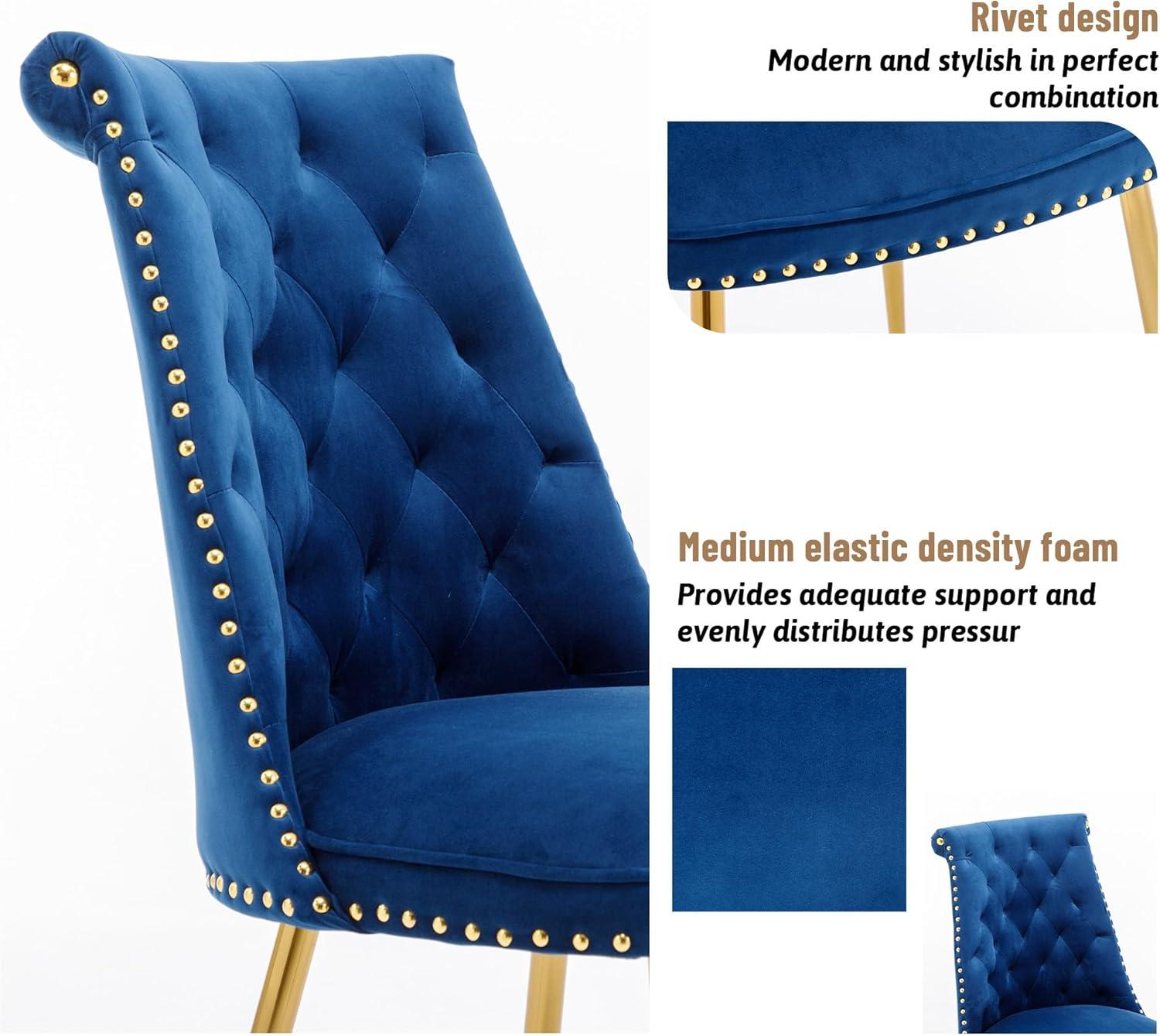 Velvet Upholstered Dining Chairs, Set of 2, Dining Room Tufted Chair, Modern Button Tufted Armless Chairs with Nailhead Trim and Back Ring Pull, Gold Legs, for Dining Room, Kitchen, Navy