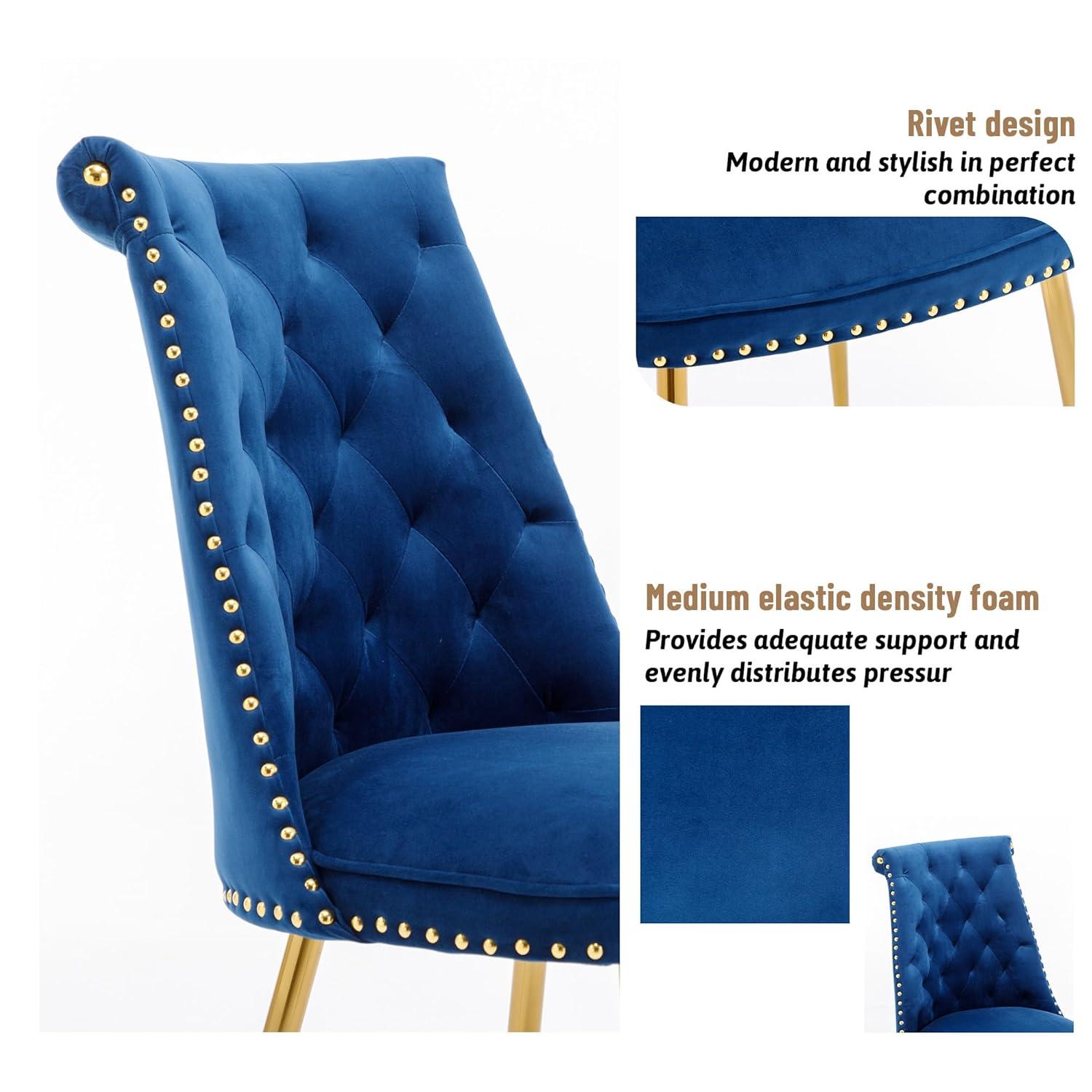 Velvet Upholstered Dining Chairs, Set of 2, Dining Room Tufted Chair, Modern Button Tufted Armless Chairs with Nailhead Trim and Back Ring Pull, Gold Legs, for Dining Room, Kitchen, Navy