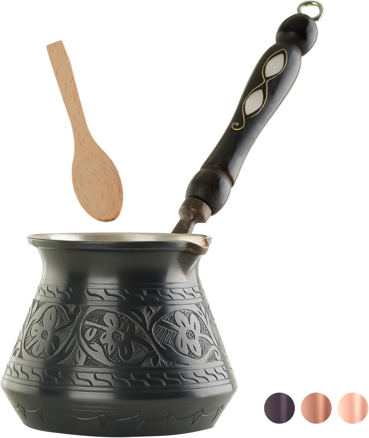 12 Oz Black Copper Turkish Coffee Pot with Wooden Handle and Spoon