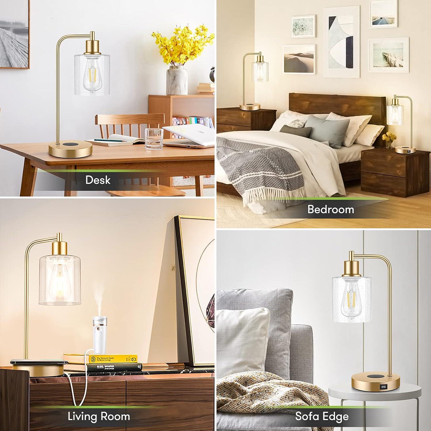 Set of 2 Wireless Charging Industrial Table Lamps Gold 3-Way Touch Control Dimmable Desk Lamp with USB Ports Bedside Lamp with Hanging Seeded Glass Shade for Office Bedroom Living Room, Bulbs Included