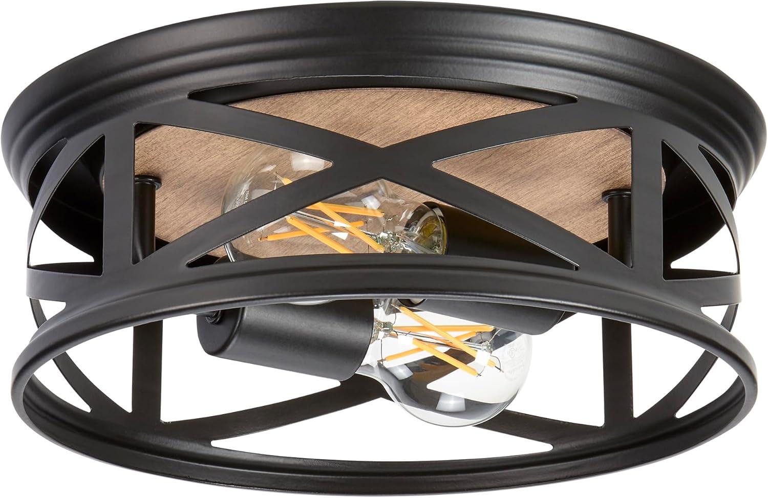 Matte Black and Wood Grain 2-Light Round Flush Mount Ceiling Light