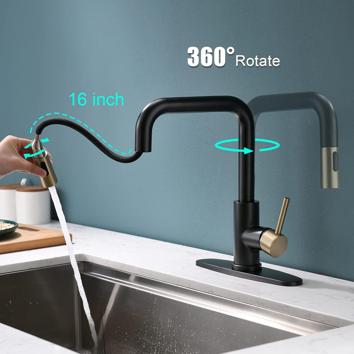 Matte Black and Brushed Gold Stainless Steel Pull-Out Kitchen Faucet