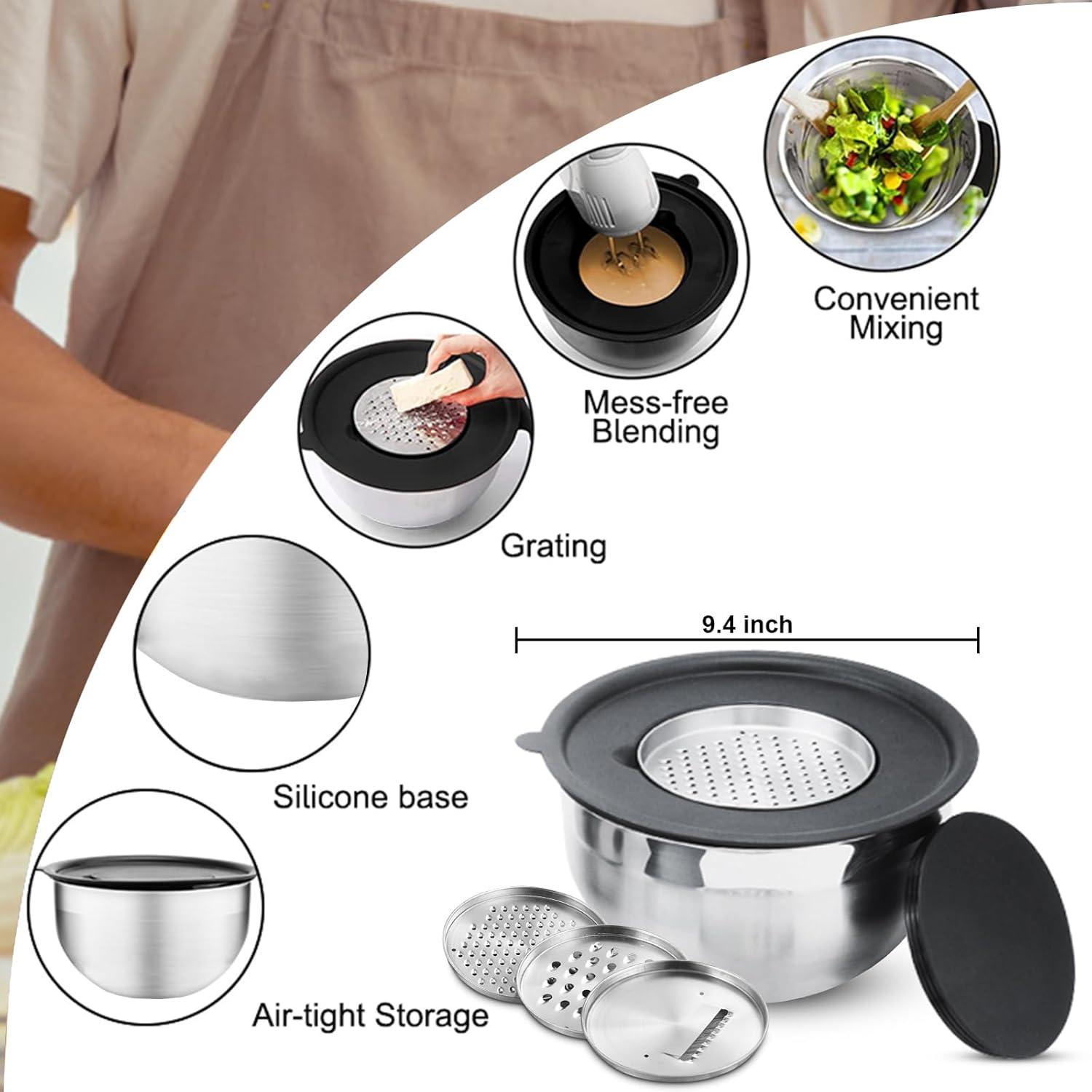6-Piece Black Stainless Steel Mixing Bowl Set with Lids and Graters