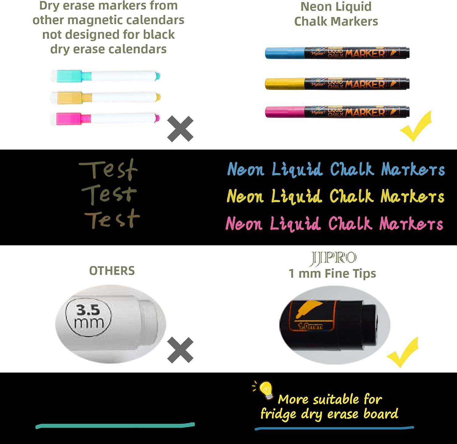 JJPRO Magnetic Chalkboard Monthly Calendar Neon Bright Liquid Chalk Markers with Bonus - Grocery List and Notepad Black