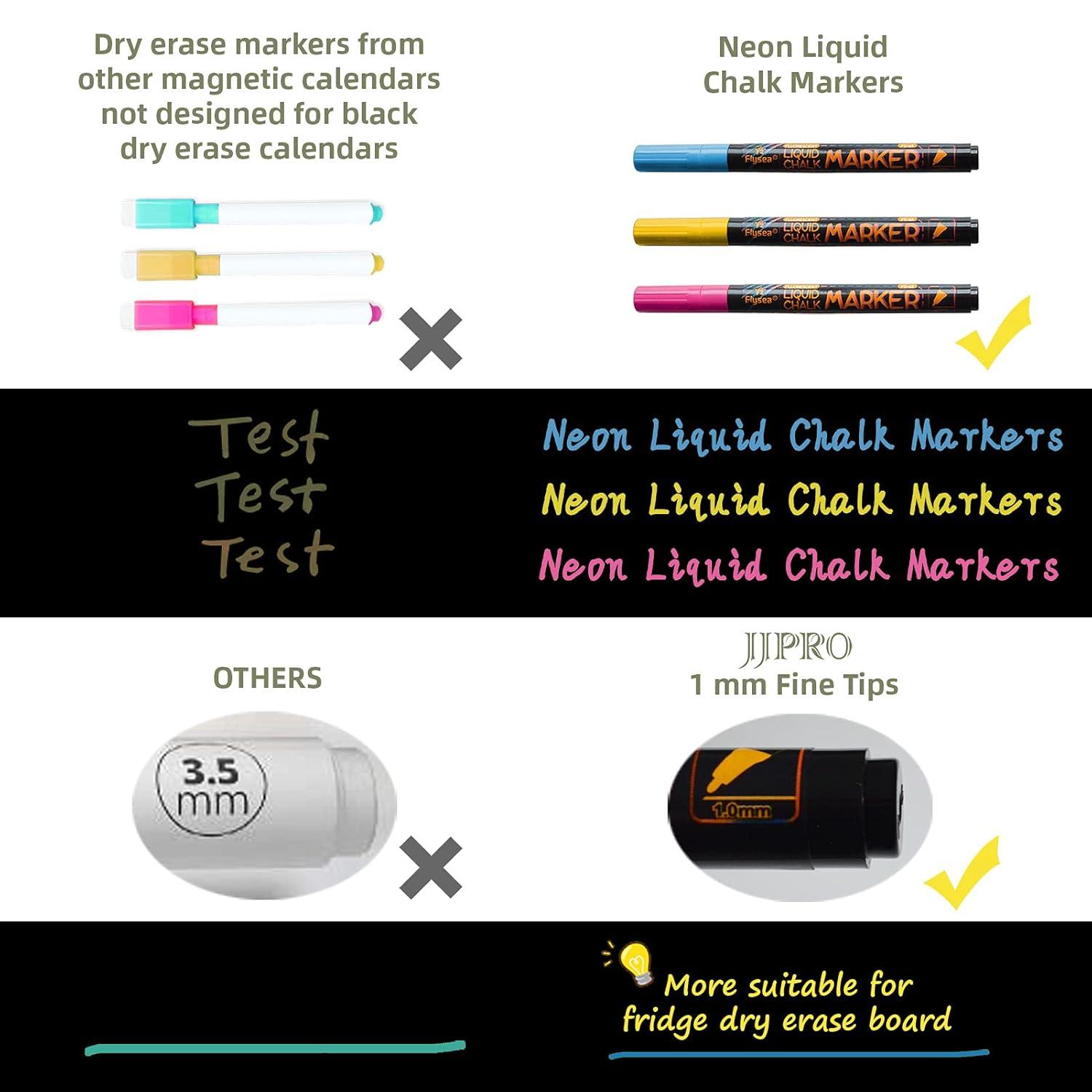 JJPRO Magnetic Chalkboard Monthly Calendar Neon Bright Liquid Chalk Markers with Bonus - Grocery List and Notepad Black