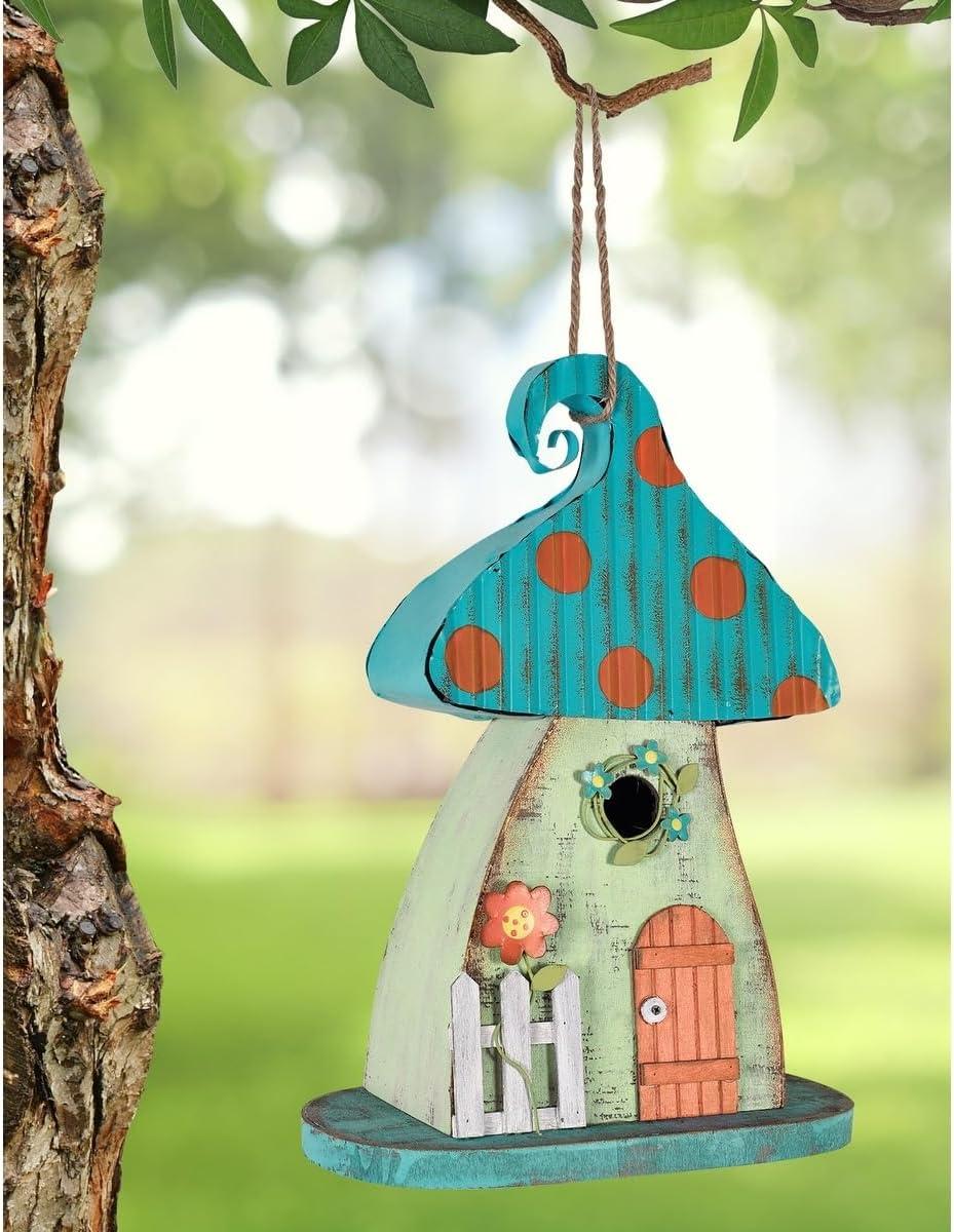 Whimsical Turquoise and Orange Mushroom Birdhouse with Coral Door