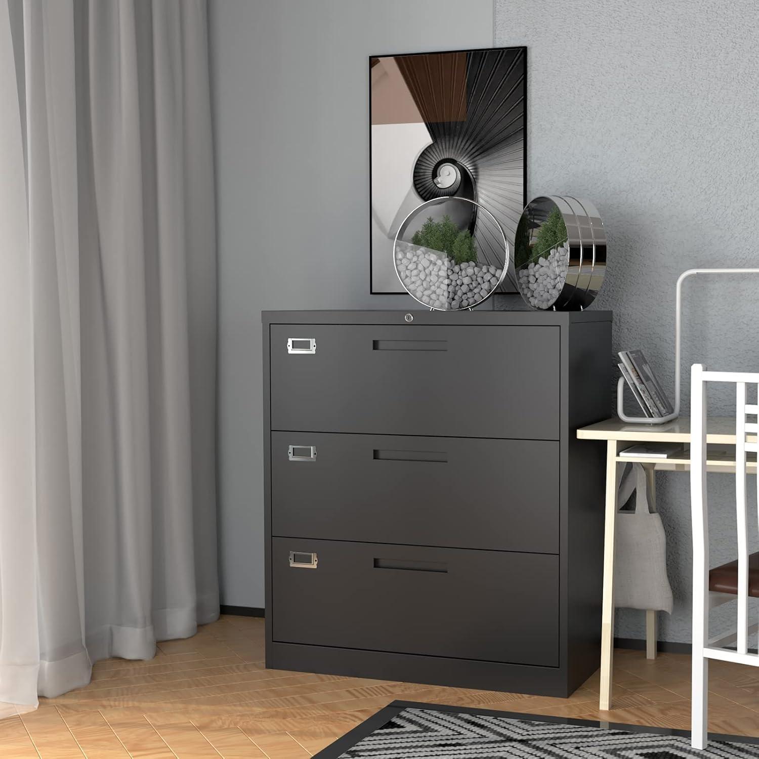 MIIIKO Lateral File Cabinet with Lock, 3 Drawer Lateral Filing Cabinet, Large Deep Drawers Locked by Keys, Metal Storage File Cabinet for Hanging Files Letter/Legal/F4/A4 Size