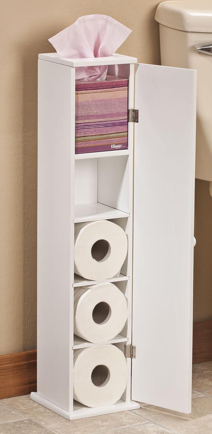 OakRidge Miles Kimball White Compact Toilet Tissue Storage Tower with 4 Shelves, 5.5" W x 27" H x 6.75" L – Holds Toilet Paper Rolls Up to 4.25" Diameter, Top Slot Provides Access to Facial Tissues