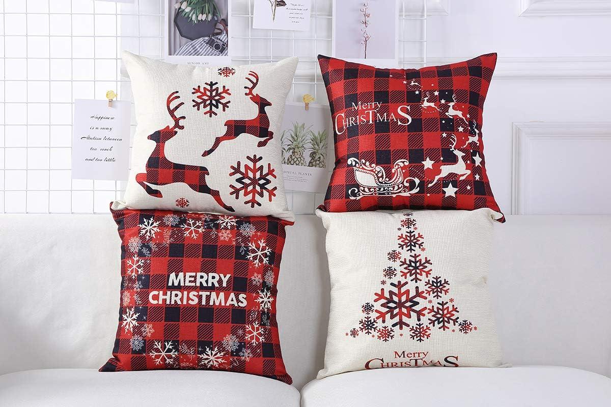 Farmhouse Red and Black Burlap Christmas Pillow Covers Set of 4