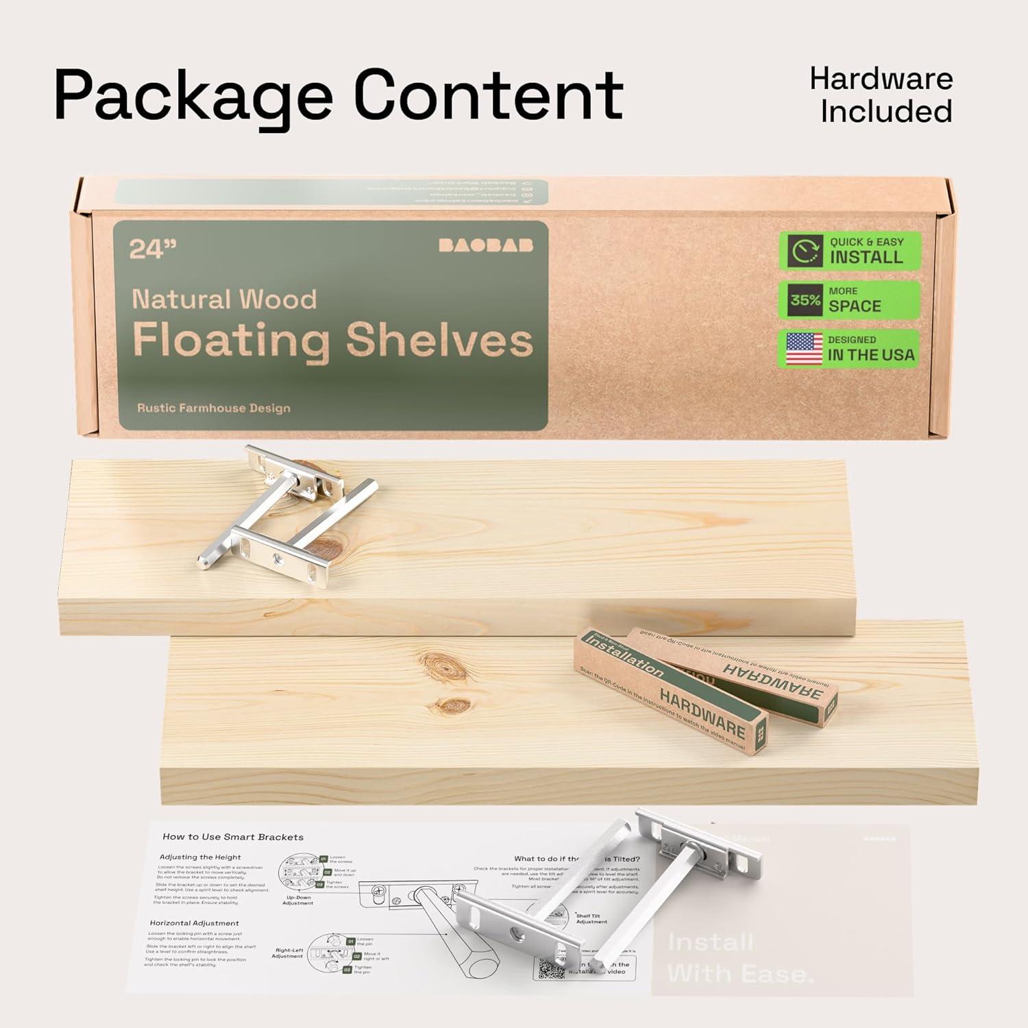 Baobab Workshop Solid Wood Floating Shelves, Wooden Shelves for Wall (Set of 2)